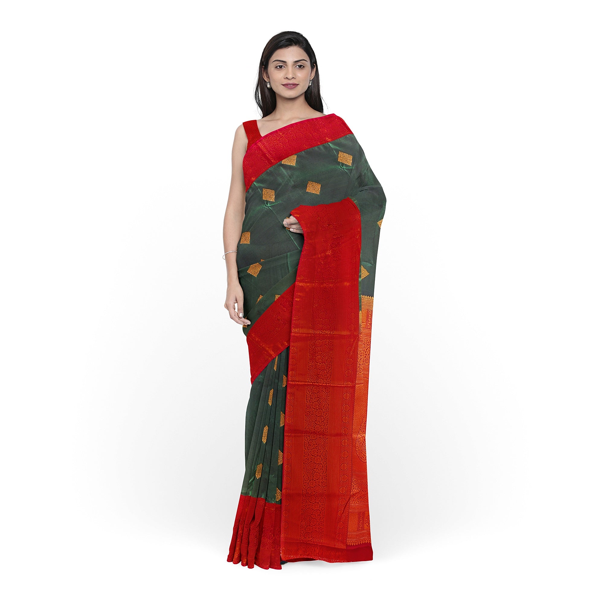 Parrot Green Saree with Red Traditional Border – A Classic Blend of Heritage and Grace - New Sudarshan Silks`