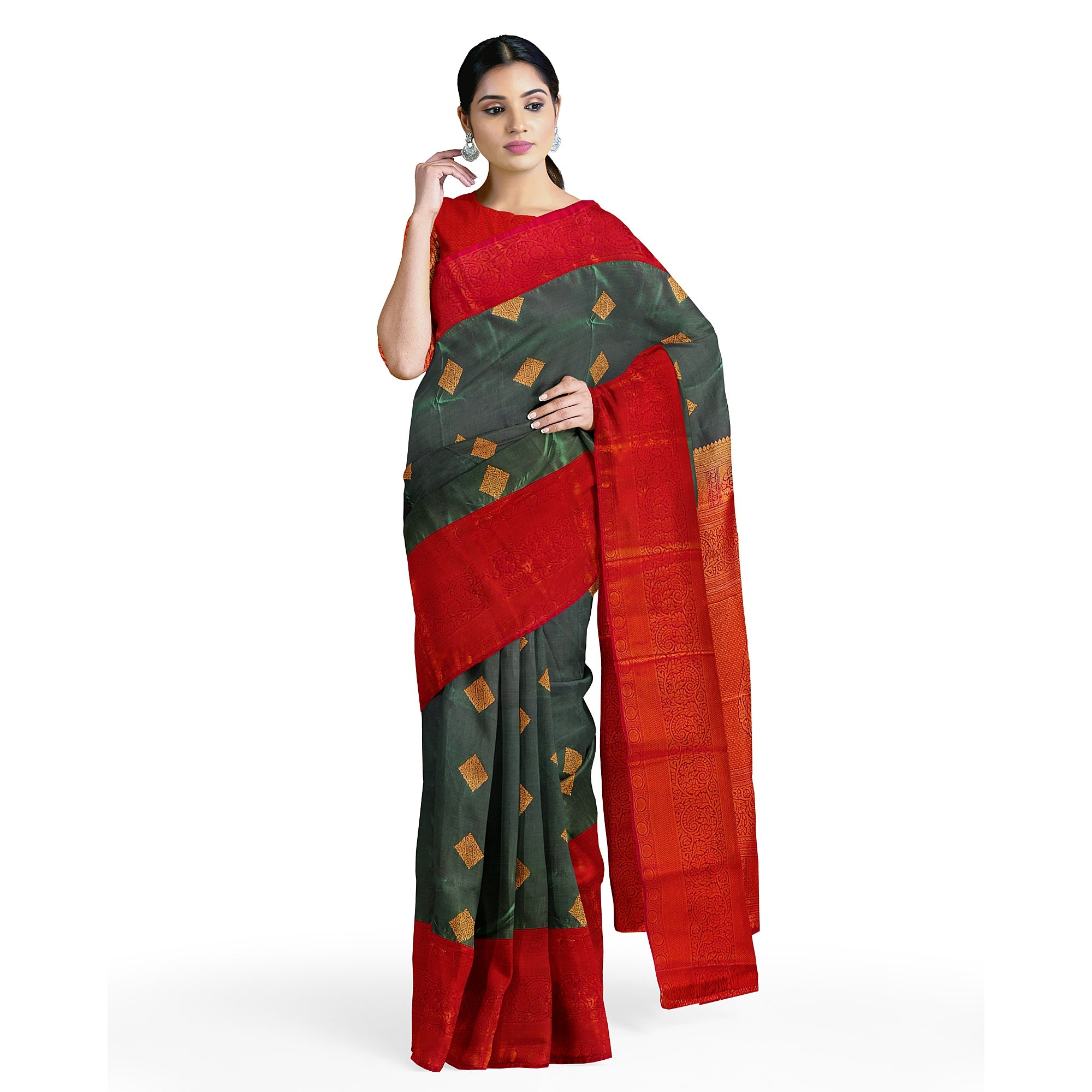 Parrot Green Saree with Red Traditional Border – A Classic Blend of Heritage and Grace - New Sudarshan Silks`