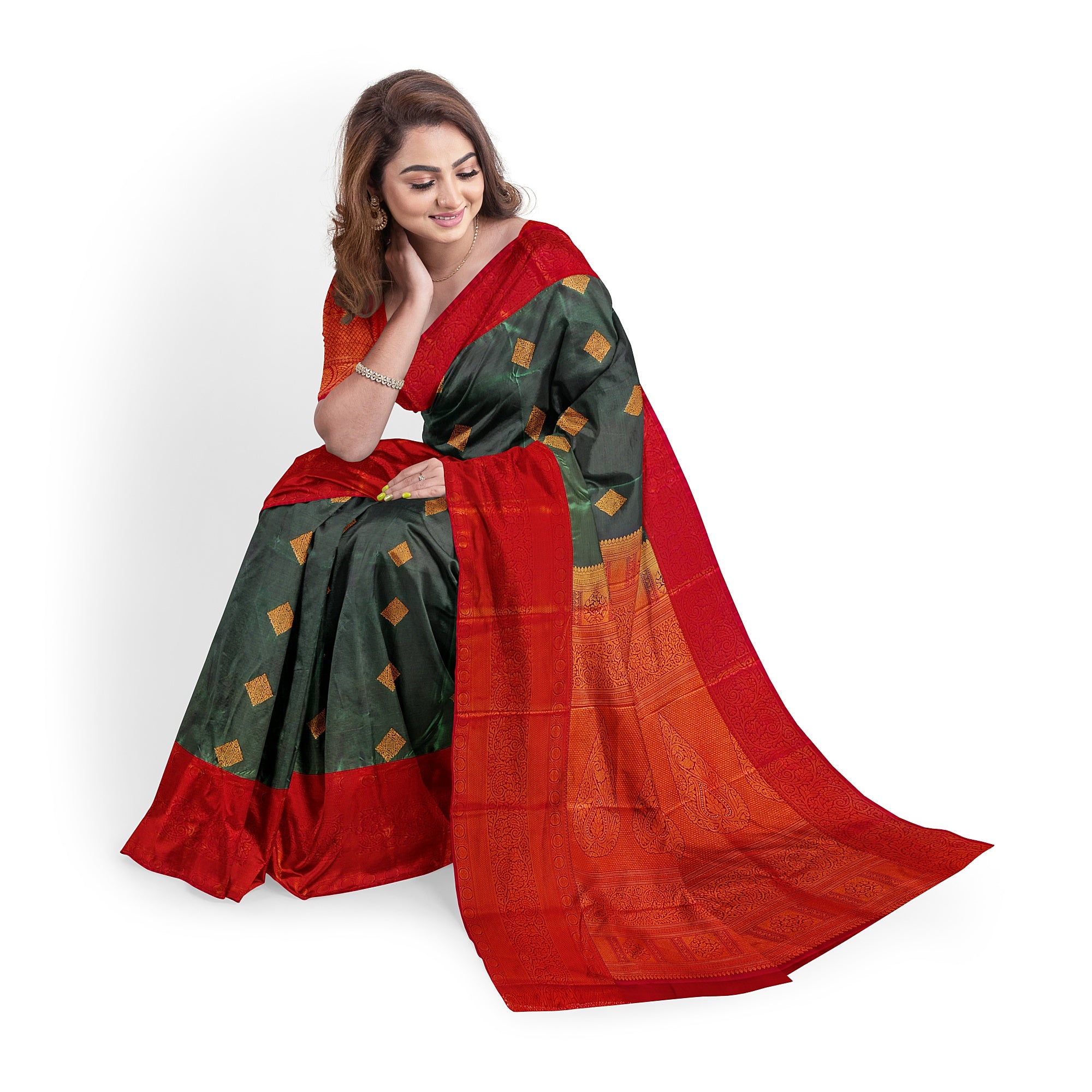 Parrot Green Saree with Red Traditional Border – A Classic Blend of Heritage and Grace - New Sudarshan Silks`