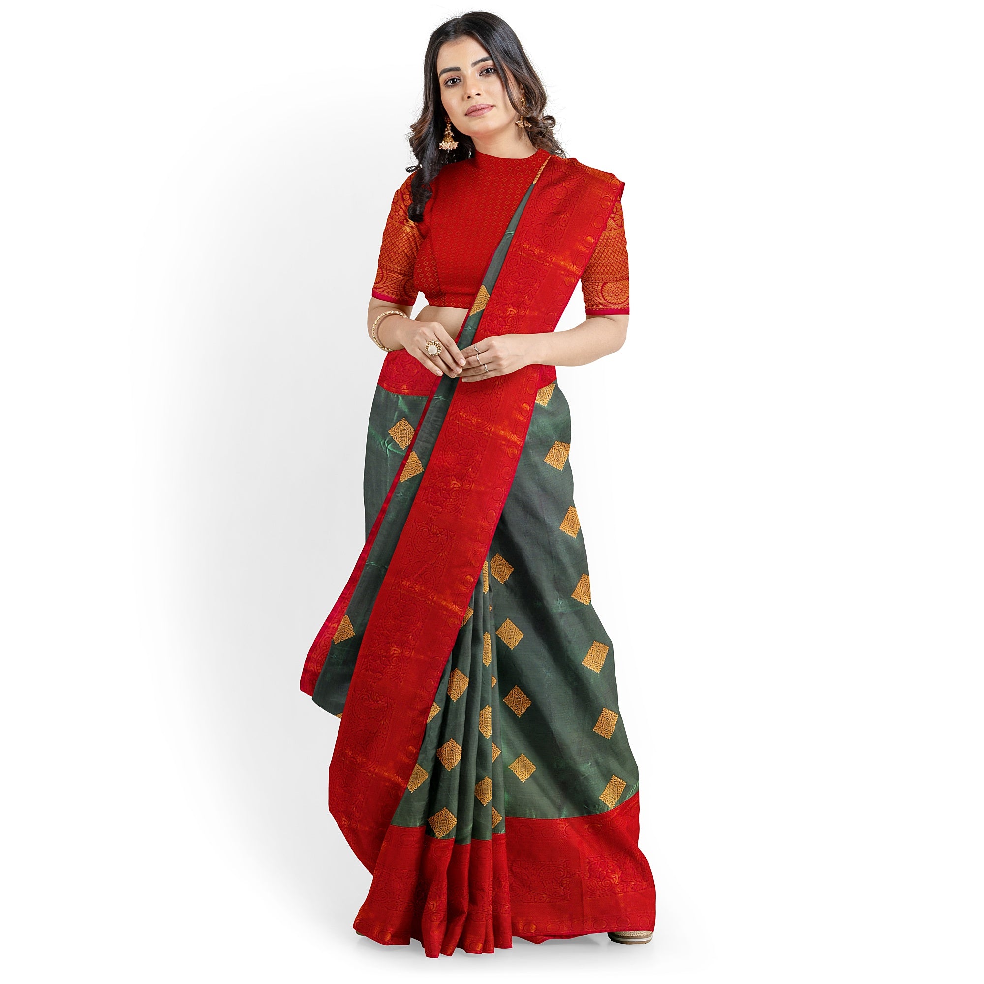 Parrot Green Saree with Red Traditional Border – A Classic Blend of Heritage and Grace - New Sudarshan Silks`