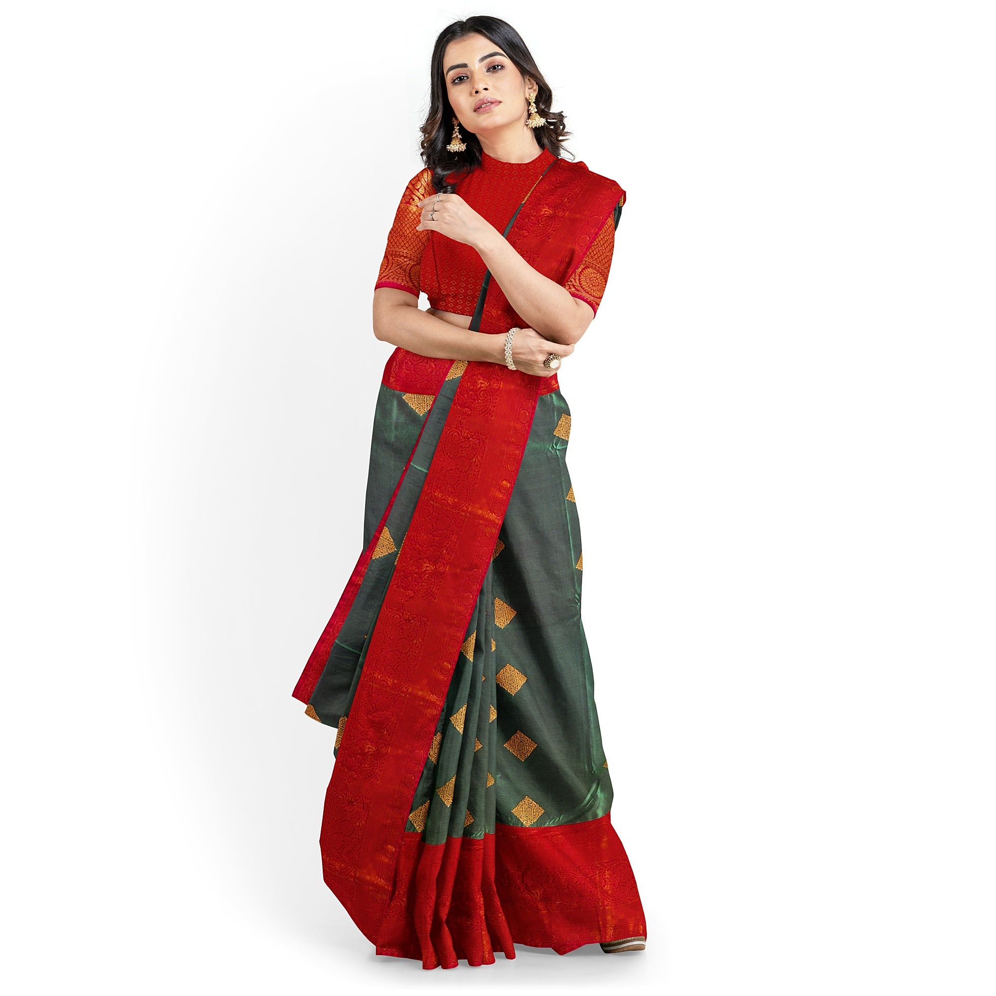 Parrot Green Saree with Red Traditional Border – A Classic Blend of Heritage and Grace - New Sudarshan Silks`