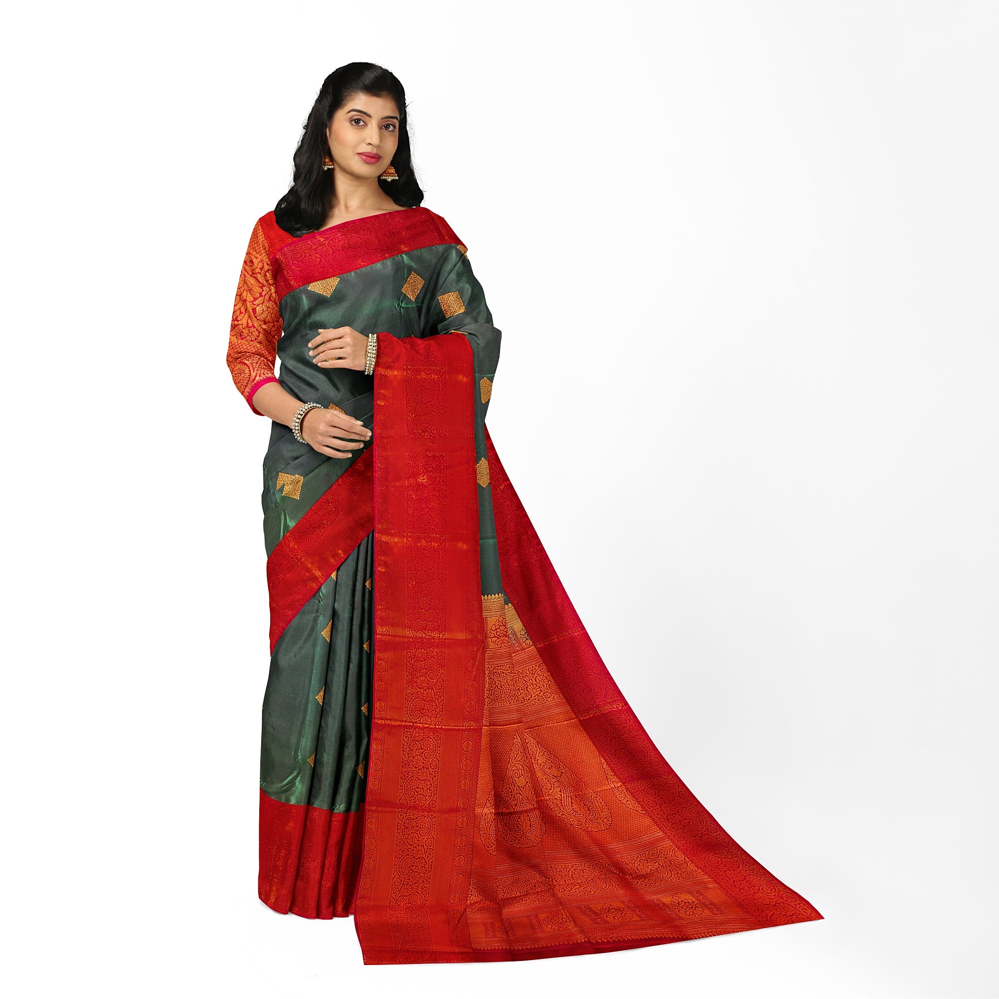 Parrot Green Saree with Red Traditional Border – A Classic Blend of Heritage and Grace - New Sudarshan Silks`
