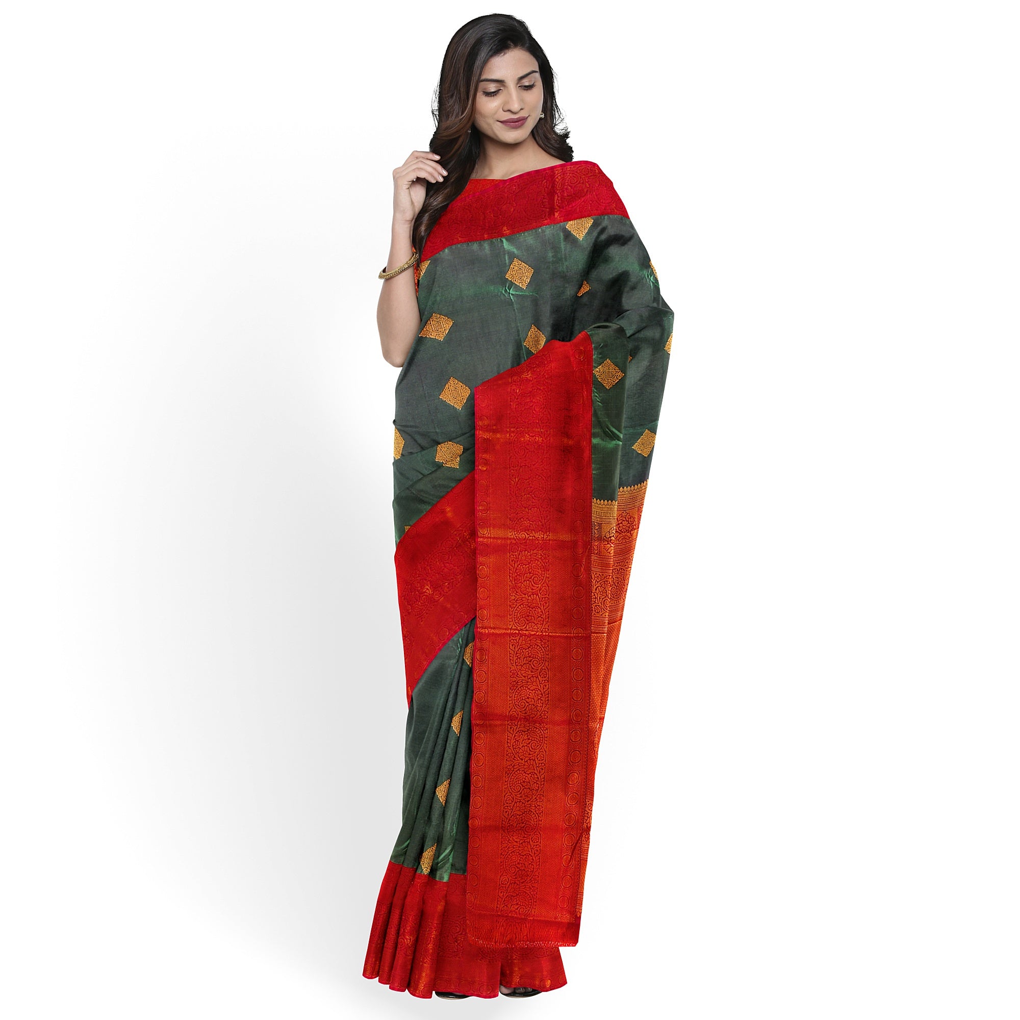 Parrot Green Saree with Red Traditional Border – A Classic Blend of Heritage and Grace - New Sudarshan Silks`