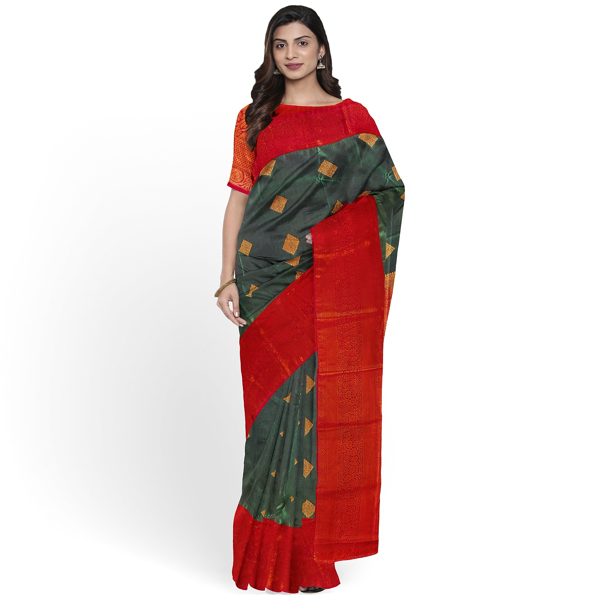 Parrot Green Saree with Red Traditional Border – A Classic Blend of Heritage and Grace - New Sudarshan Silks`