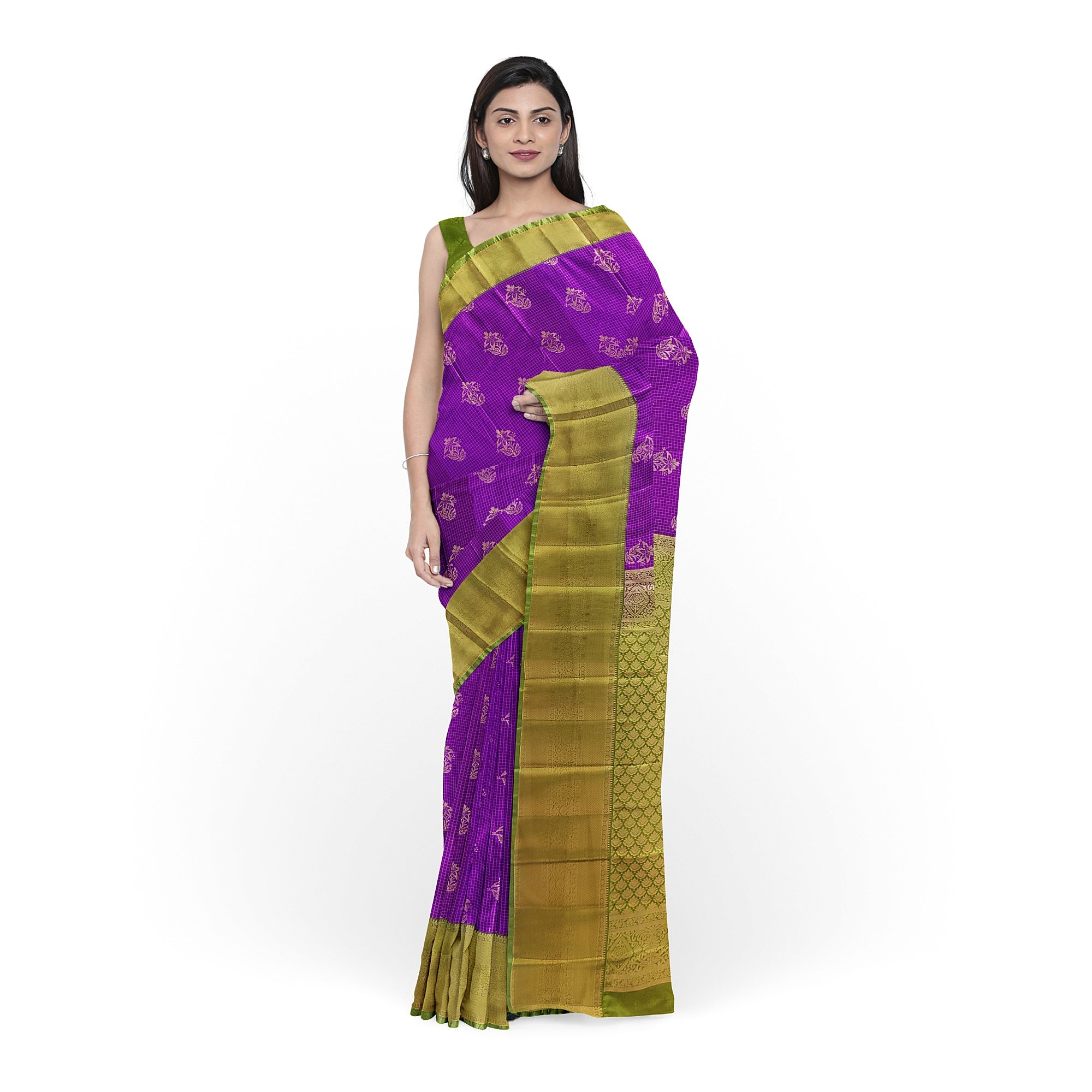 Purple Checks Saree with Green Border – New Arrival - New Sudarshan Silks`