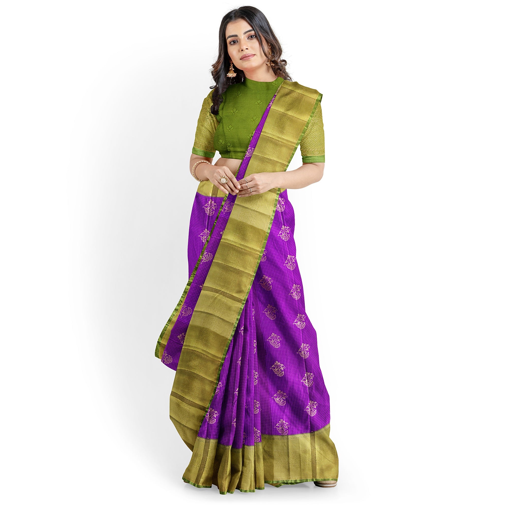 Purple Checks Saree with Green Border – New Arrival - New Sudarshan Silks`