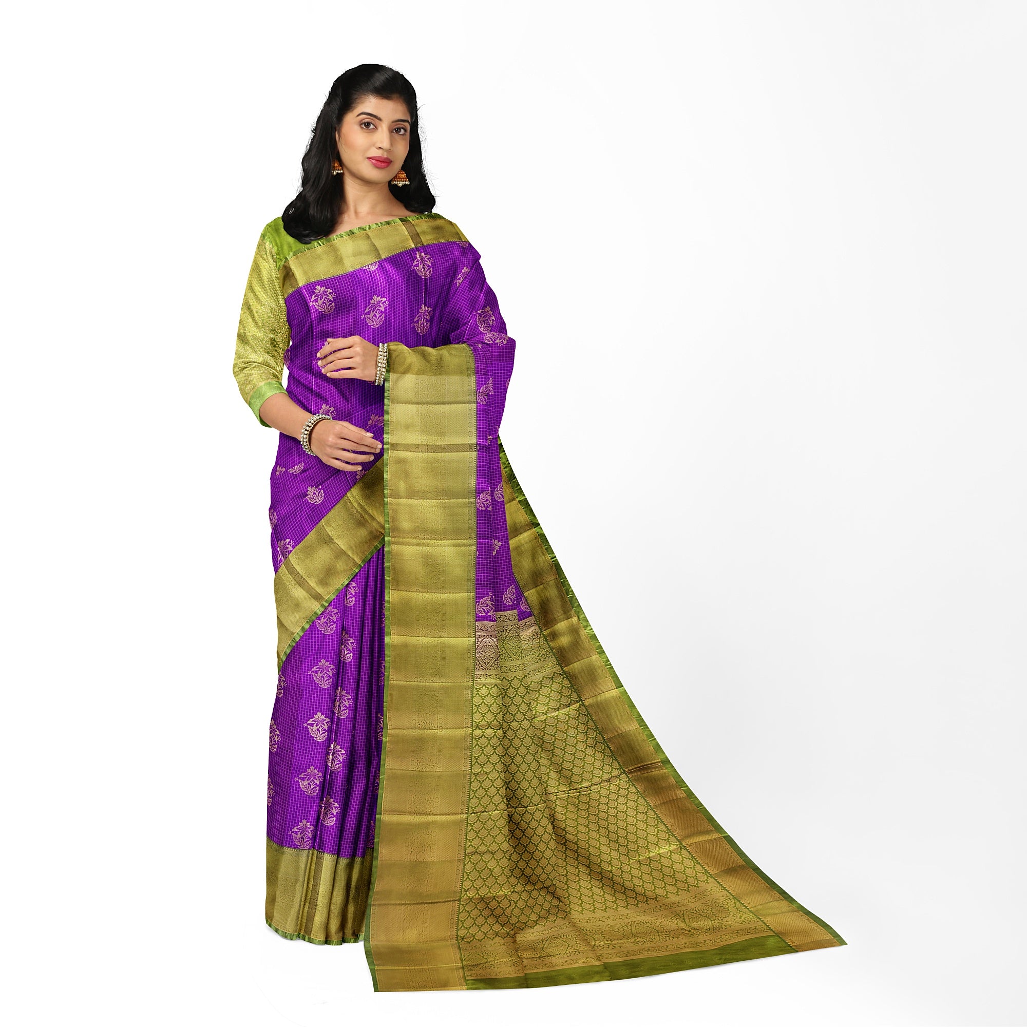 Purple Checks Saree with Green Border – New Arrival - New Sudarshan Silks`