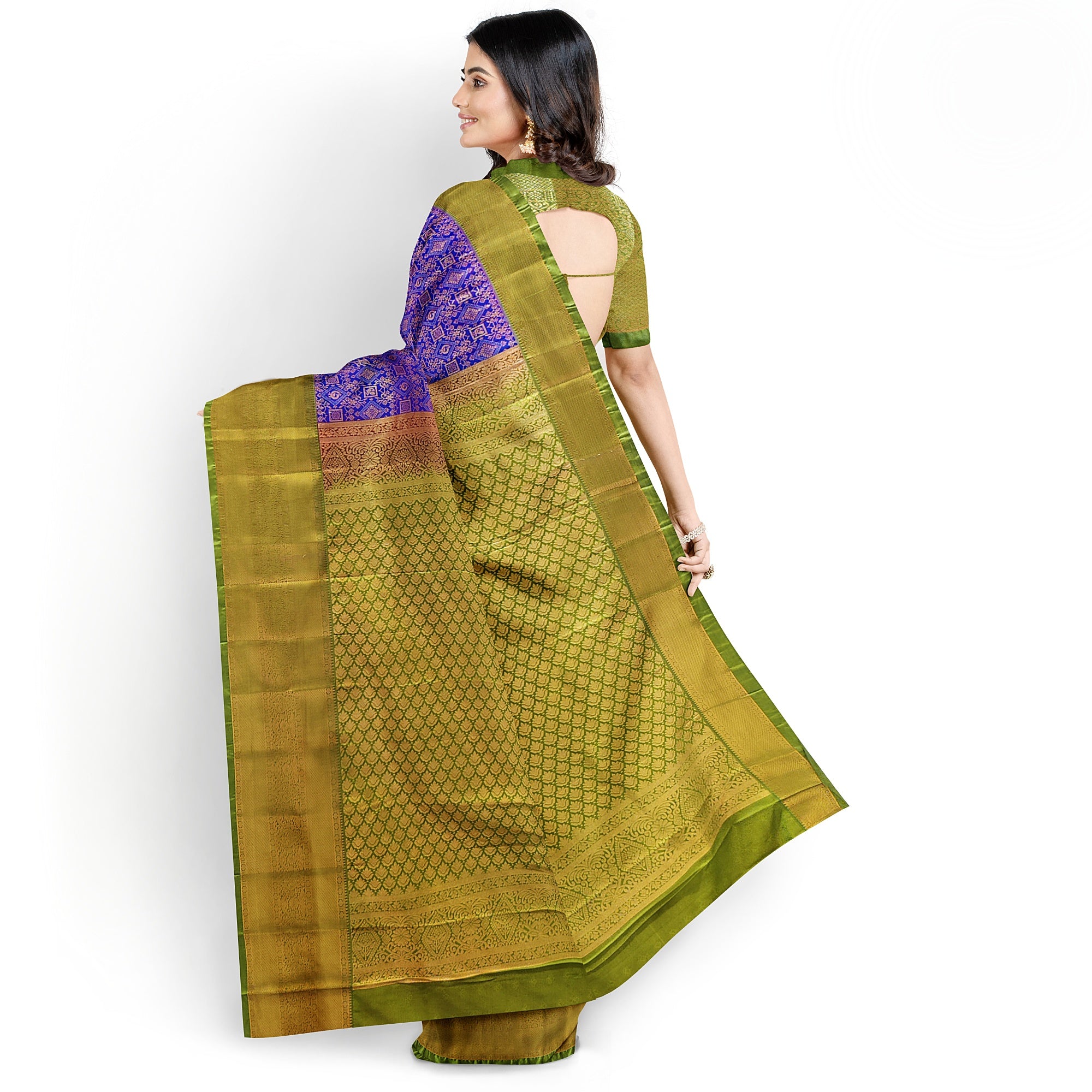 Violet Brocade Saree with Green Border – New Arrival - New Sudarshan Silks`