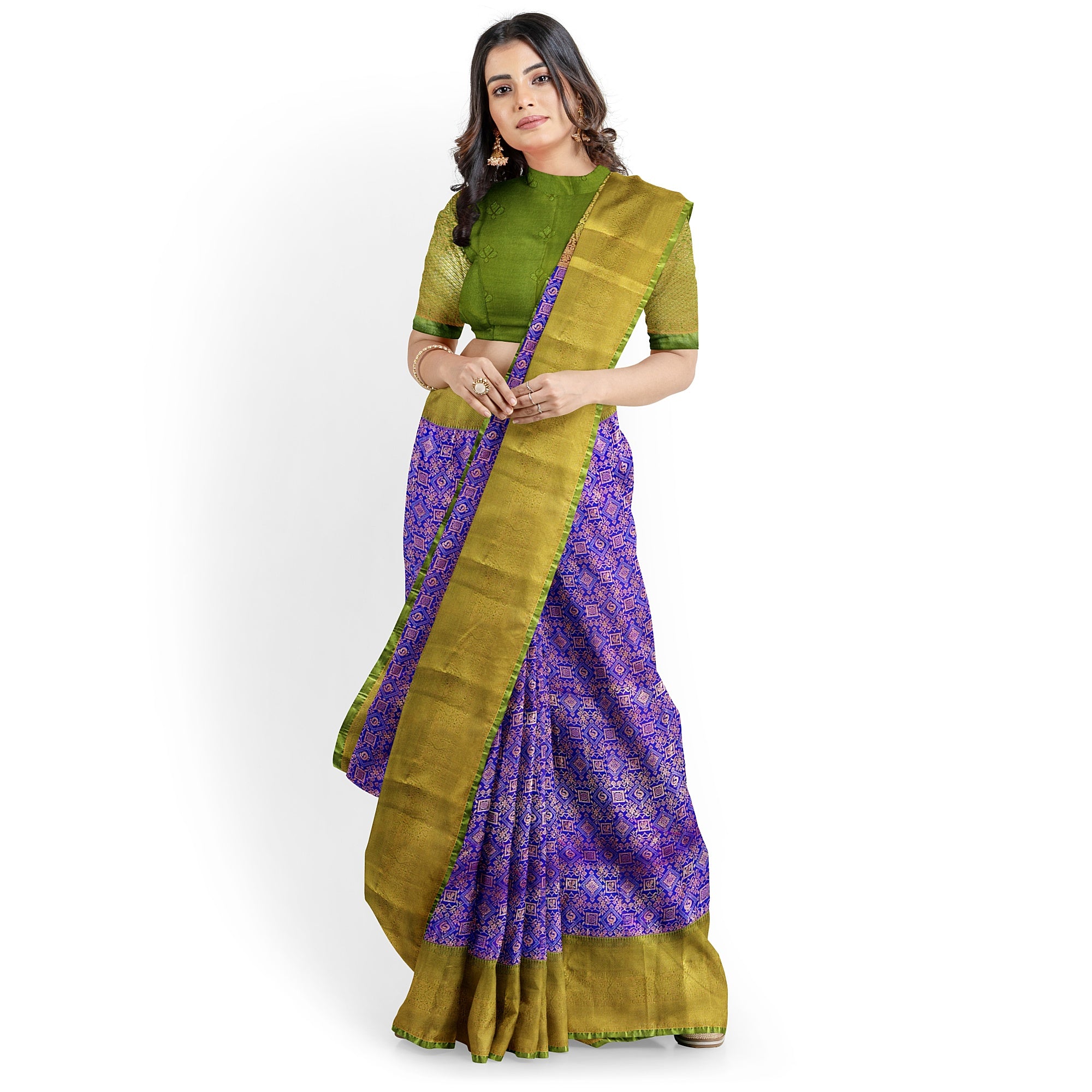 Violet Brocade Saree with Green Border – New Arrival - New Sudarshan Silks`