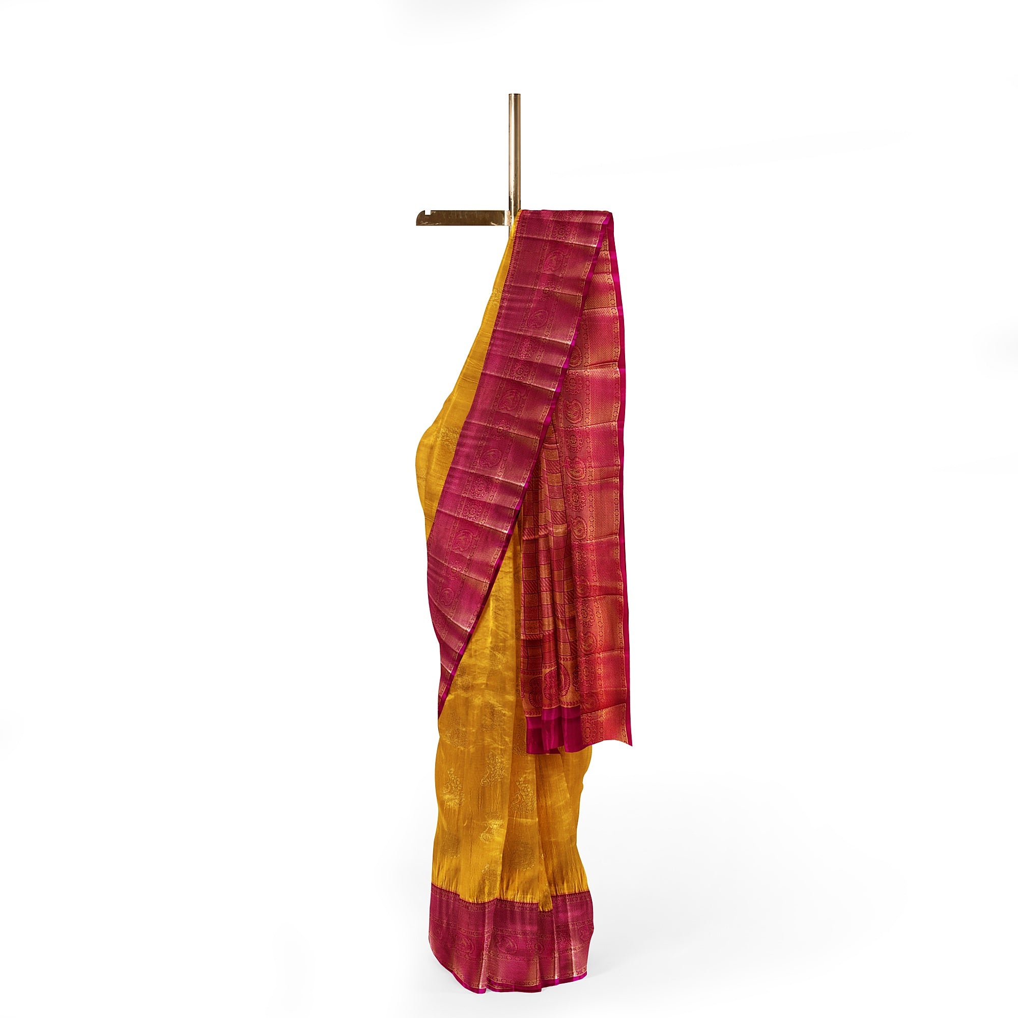 Yellow Saree with Zari Lines and Pink Border – Traditional Elegance with a Modern Twist - New Sudarshan Silks`