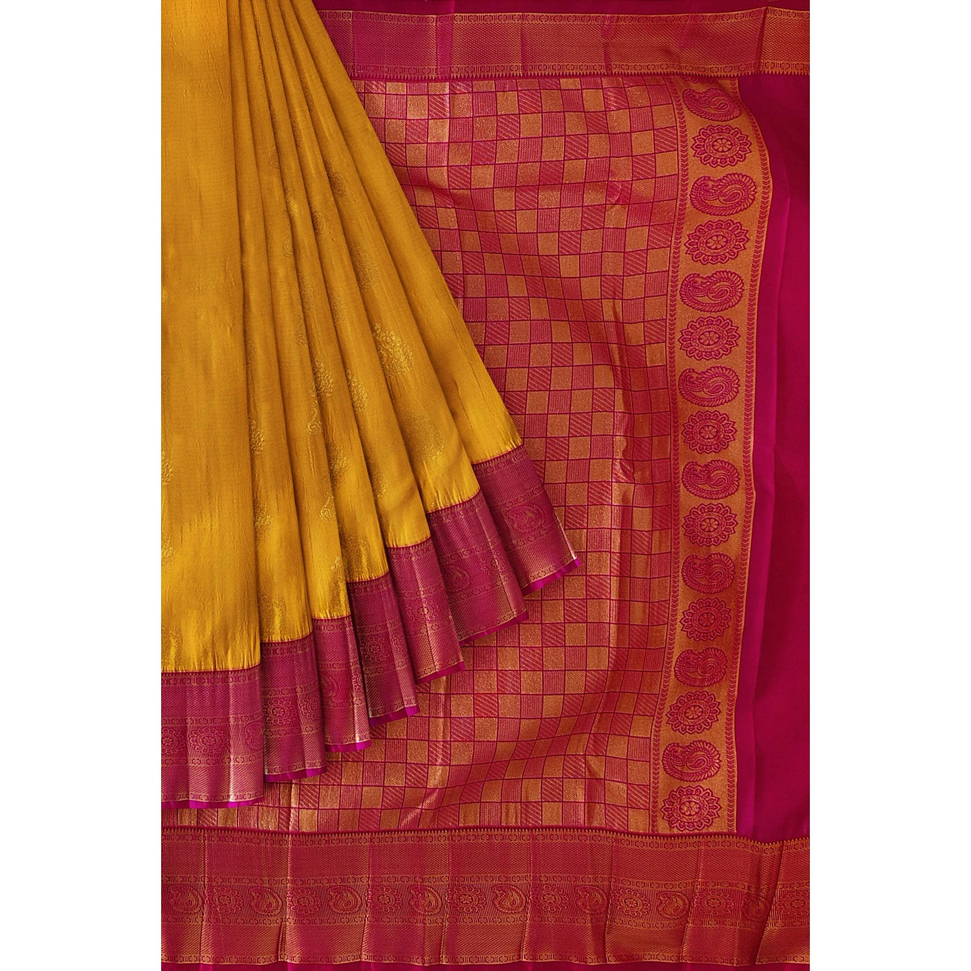 Yellow Saree with Zari Lines and Pink Border – Traditional Elegance with a Modern Twist - New Sudarshan Silks`