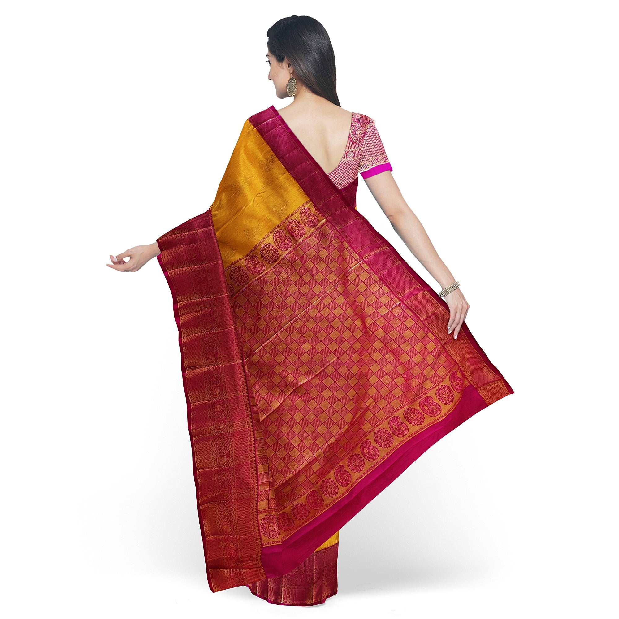 Yellow Saree with Zari Lines and Pink Border – Traditional Elegance with a Modern Twist - New Sudarshan Silks`