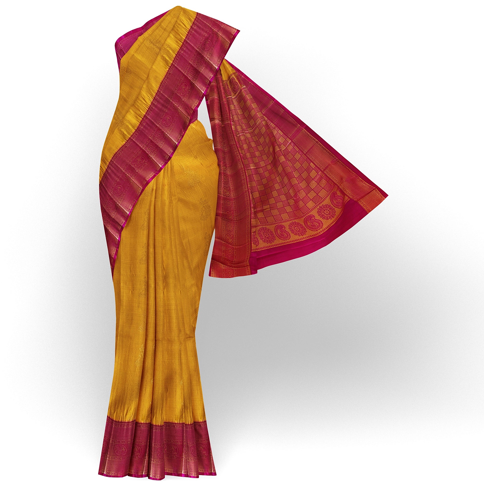 Yellow Saree with Zari Lines and Pink Border – Traditional Elegance with a Modern Twist - New Sudarshan Silks`