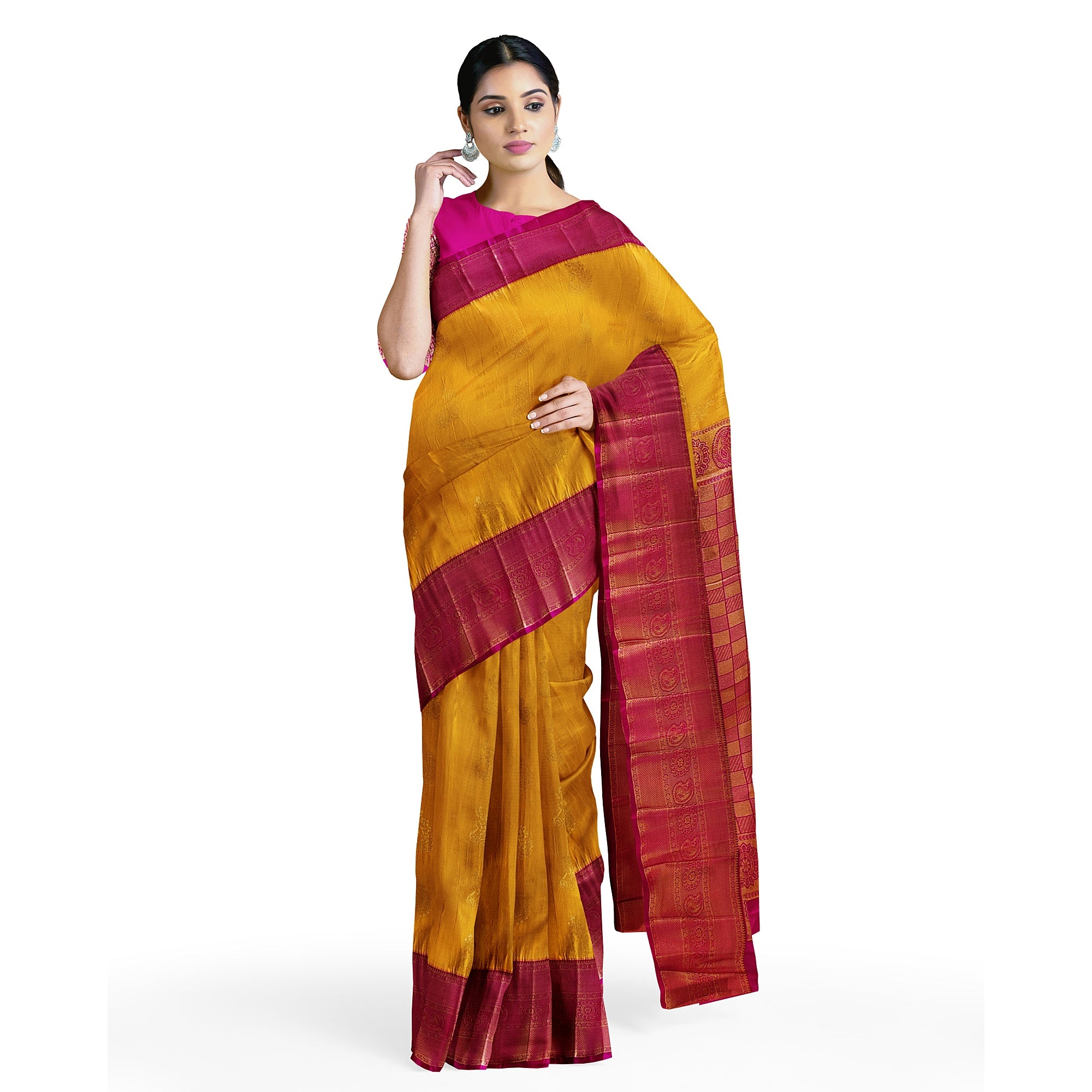 Yellow Saree with Zari Lines and Pink Border – Traditional Elegance with a Modern Twist - New Sudarshan Silks`