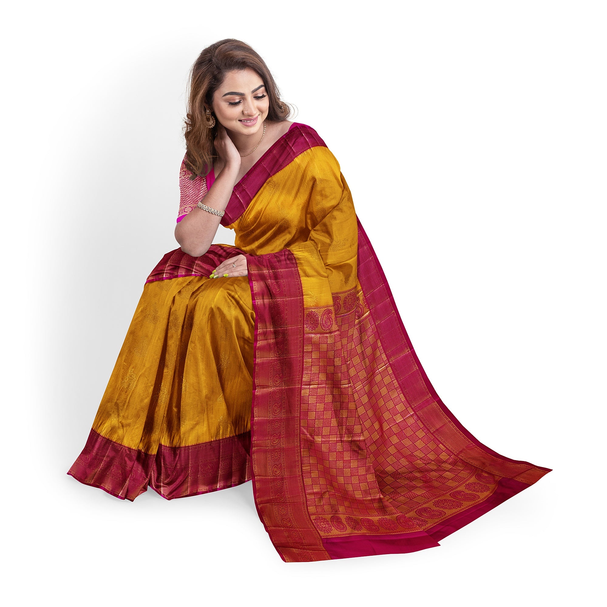 Yellow Saree with Zari Lines and Pink Border – Traditional Elegance with a Modern Twist - New Sudarshan Silks`