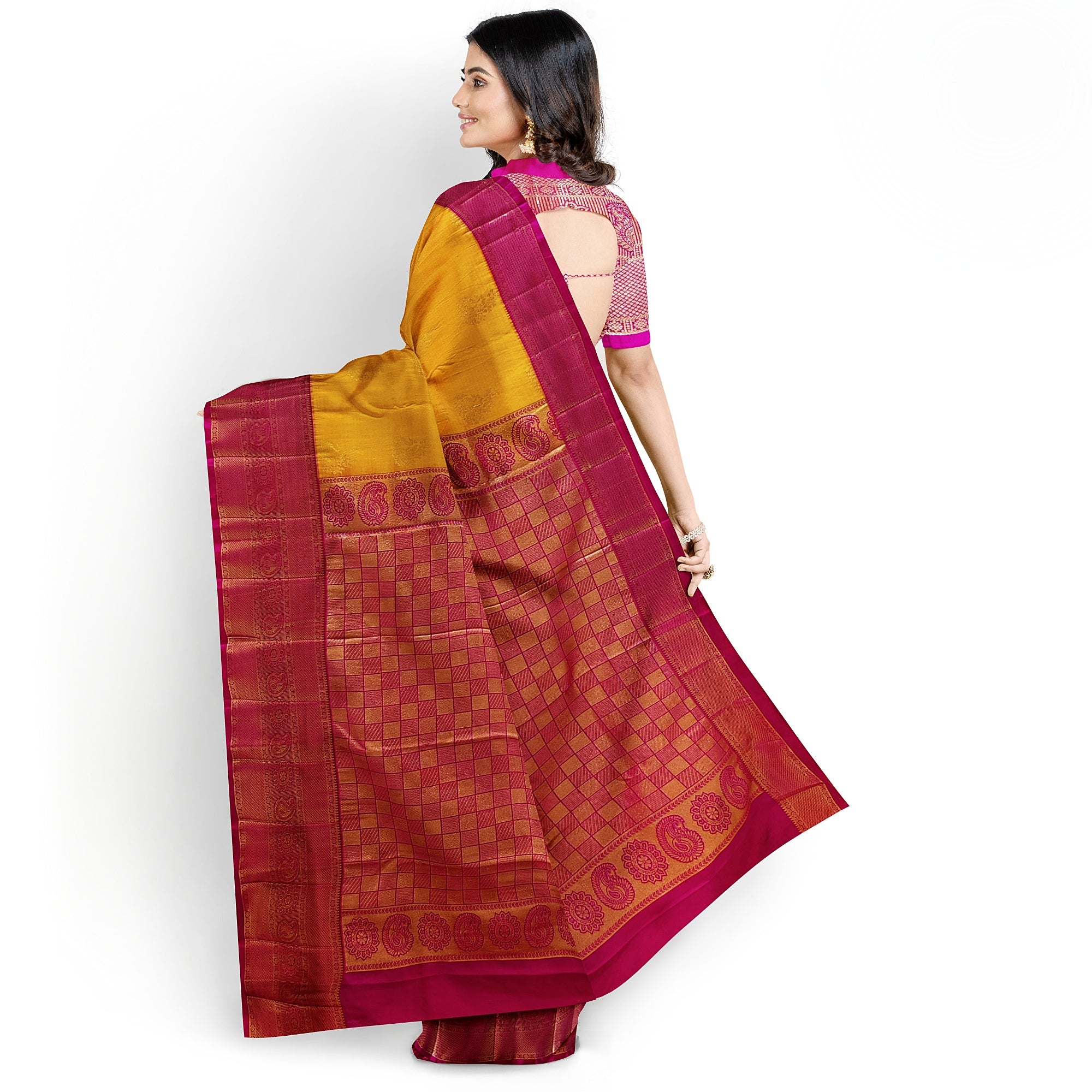 Yellow Saree with Zari Lines and Pink Border – Traditional Elegance with a Modern Twist - New Sudarshan Silks`