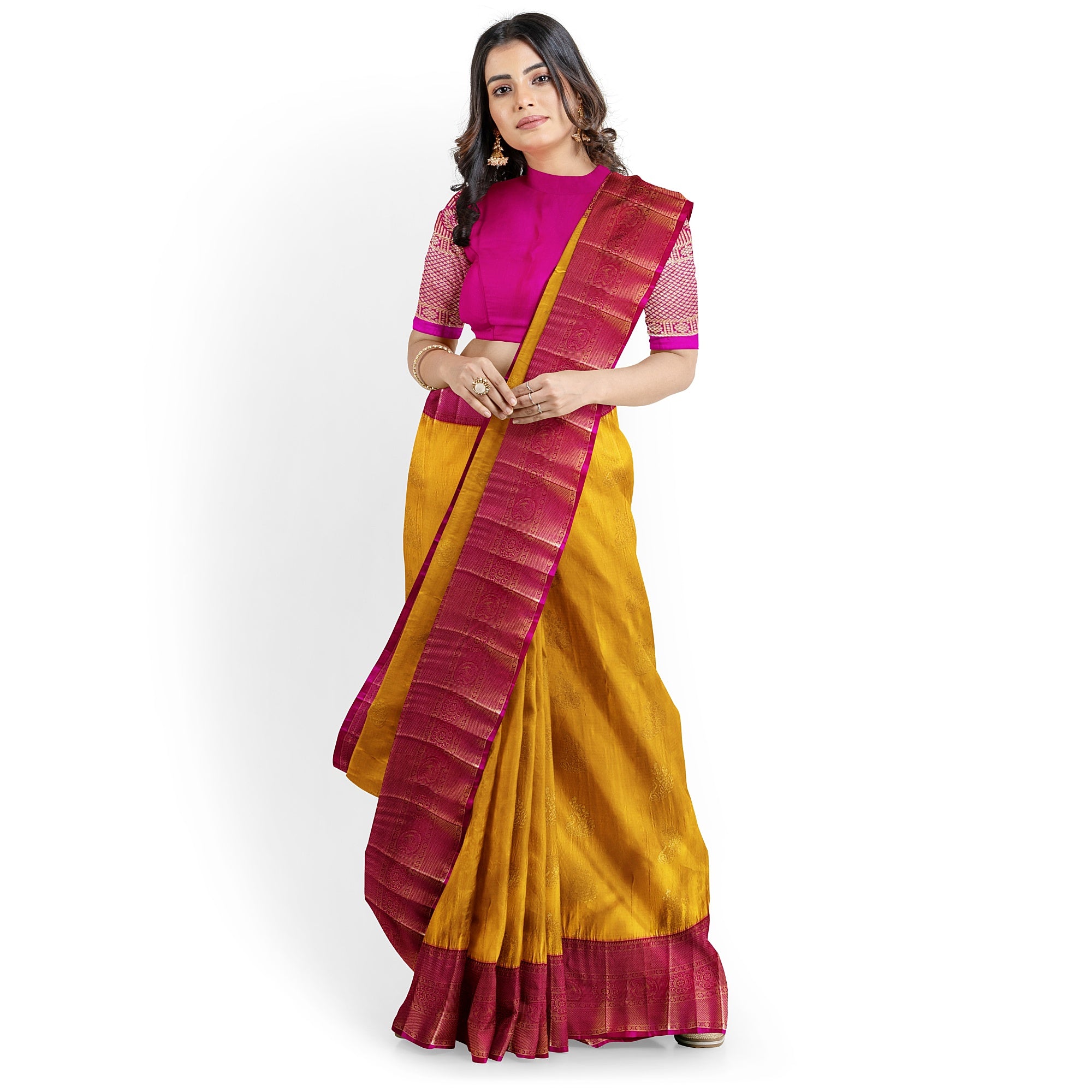 Yellow Saree with Zari Lines and Pink Border – Traditional Elegance with a Modern Twist - New Sudarshan Silks`
