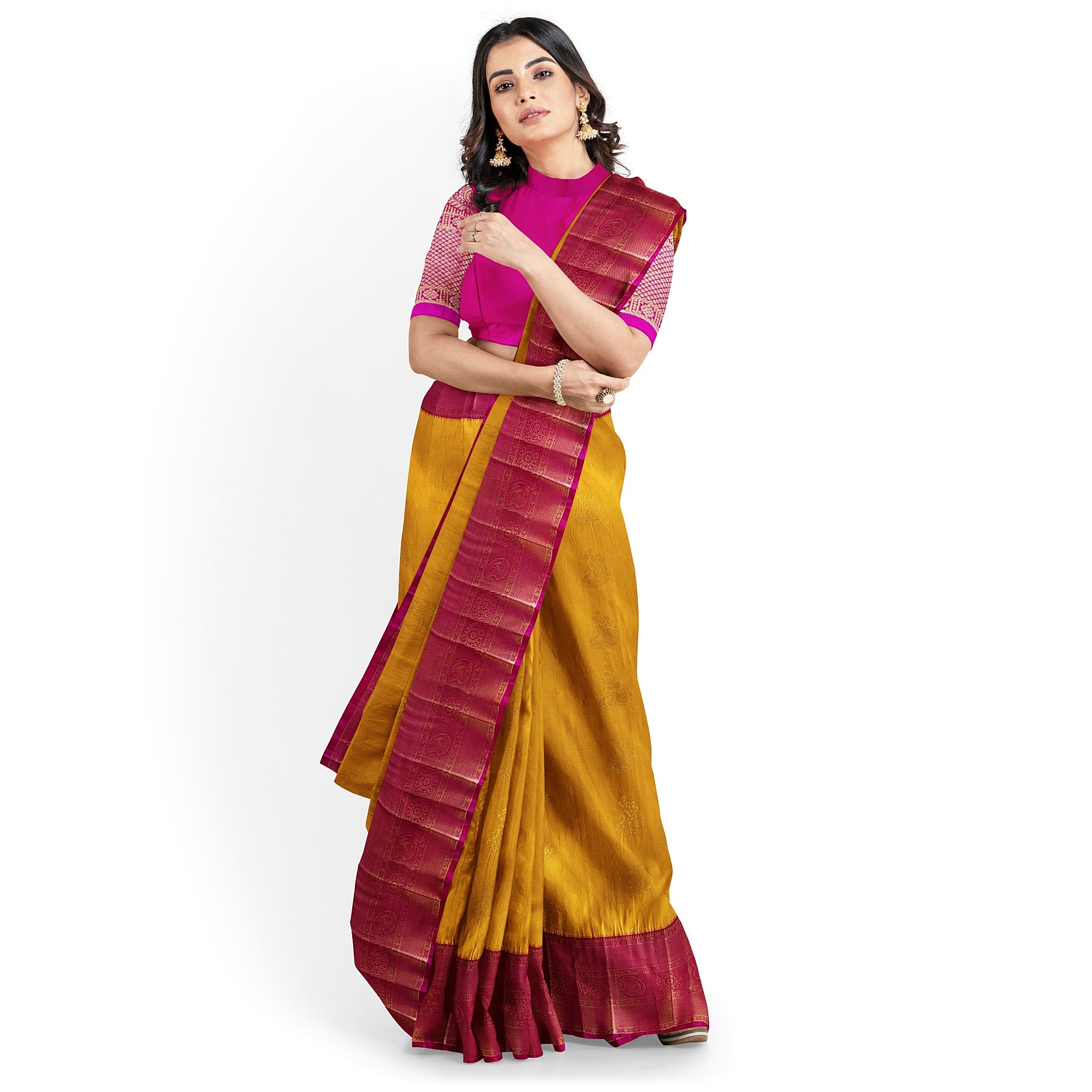 Yellow Saree with Zari Lines and Pink Border – Traditional Elegance with a Modern Twist - New Sudarshan Silks`