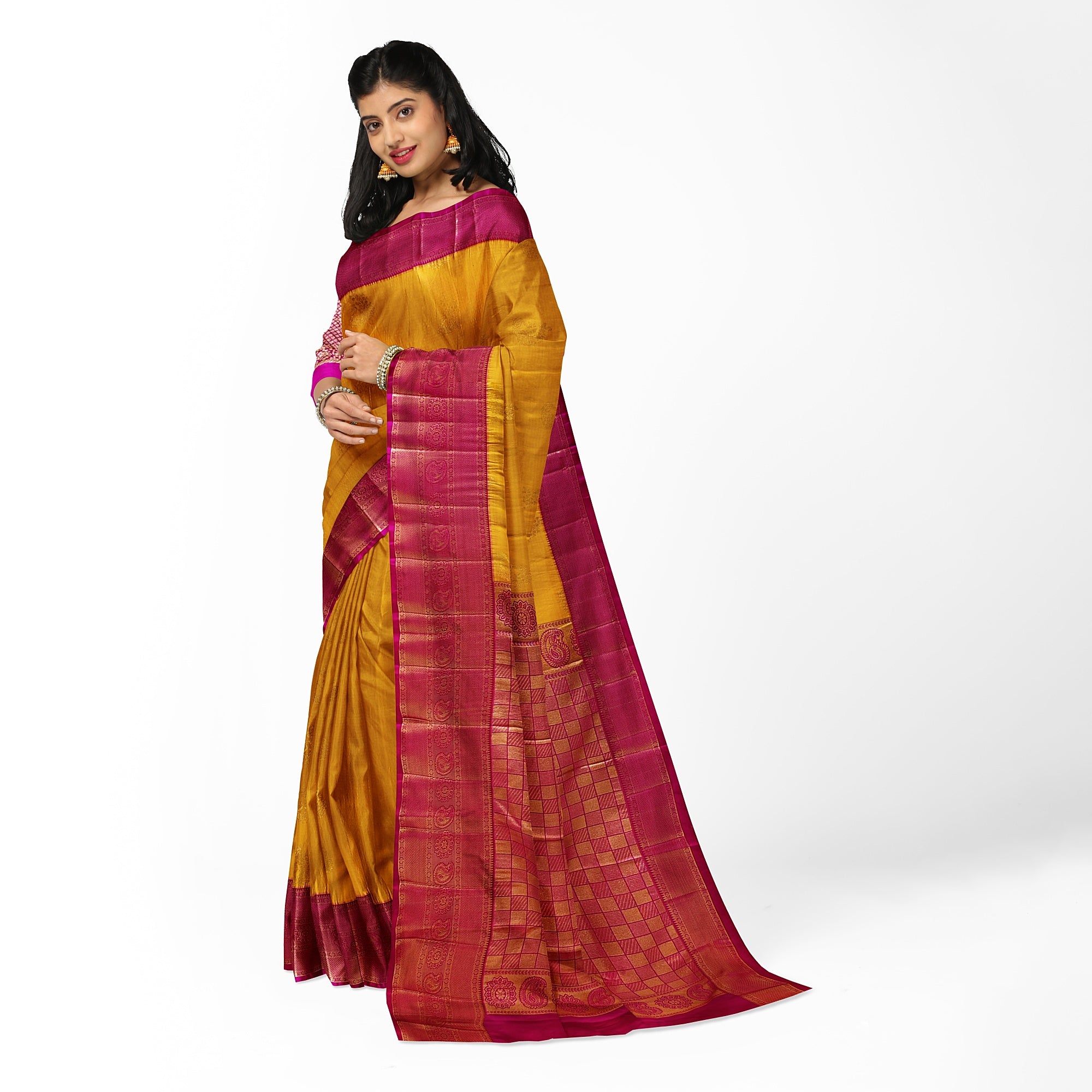 Yellow Saree with Zari Lines and Pink Border – Traditional Elegance with a Modern Twist - New Sudarshan Silks`