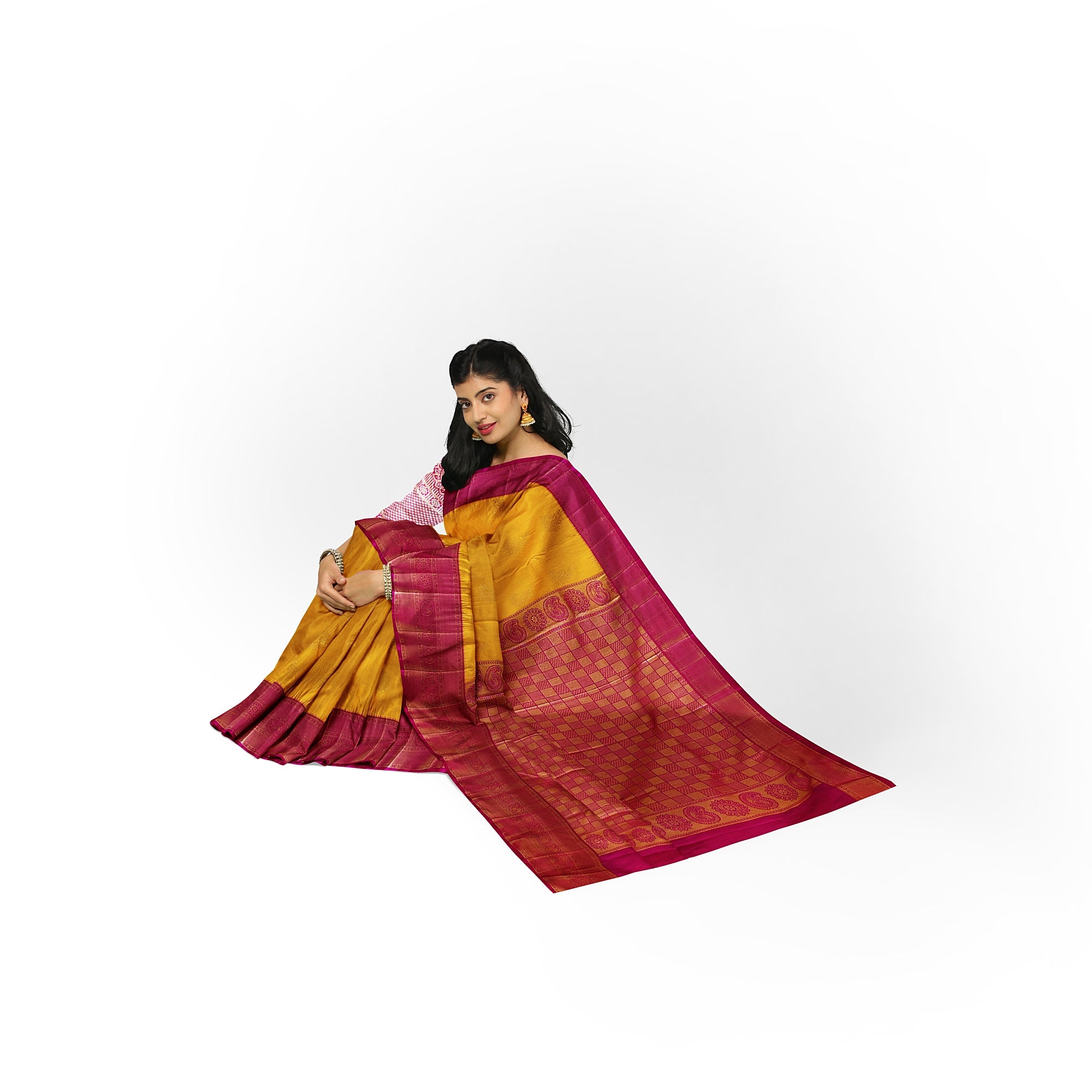 Yellow Saree with Zari Lines and Pink Border – Traditional Elegance with a Modern Twist - New Sudarshan Silks`