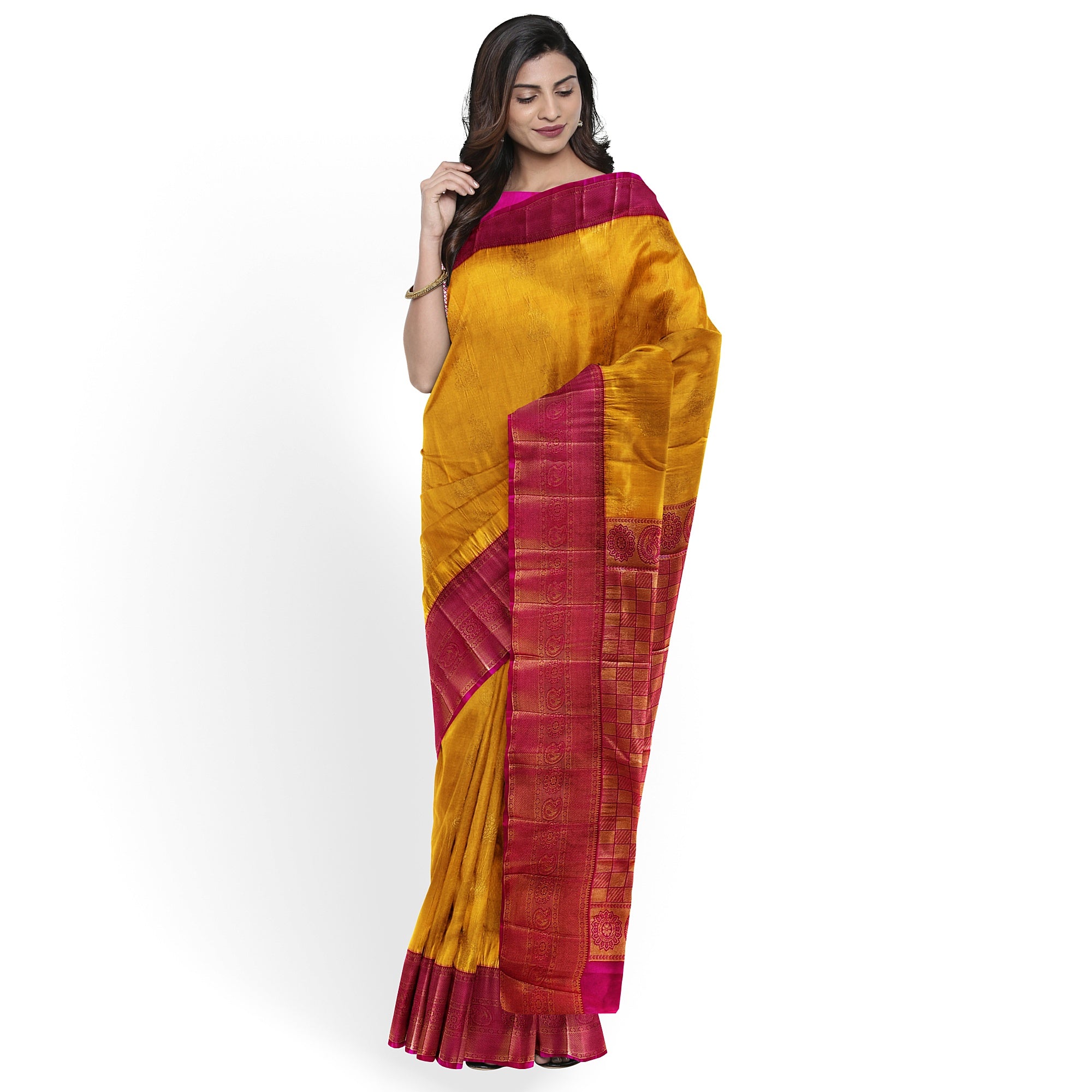 Yellow Saree with Zari Lines and Pink Border – Traditional Elegance with a Modern Twist - New Sudarshan Silks`