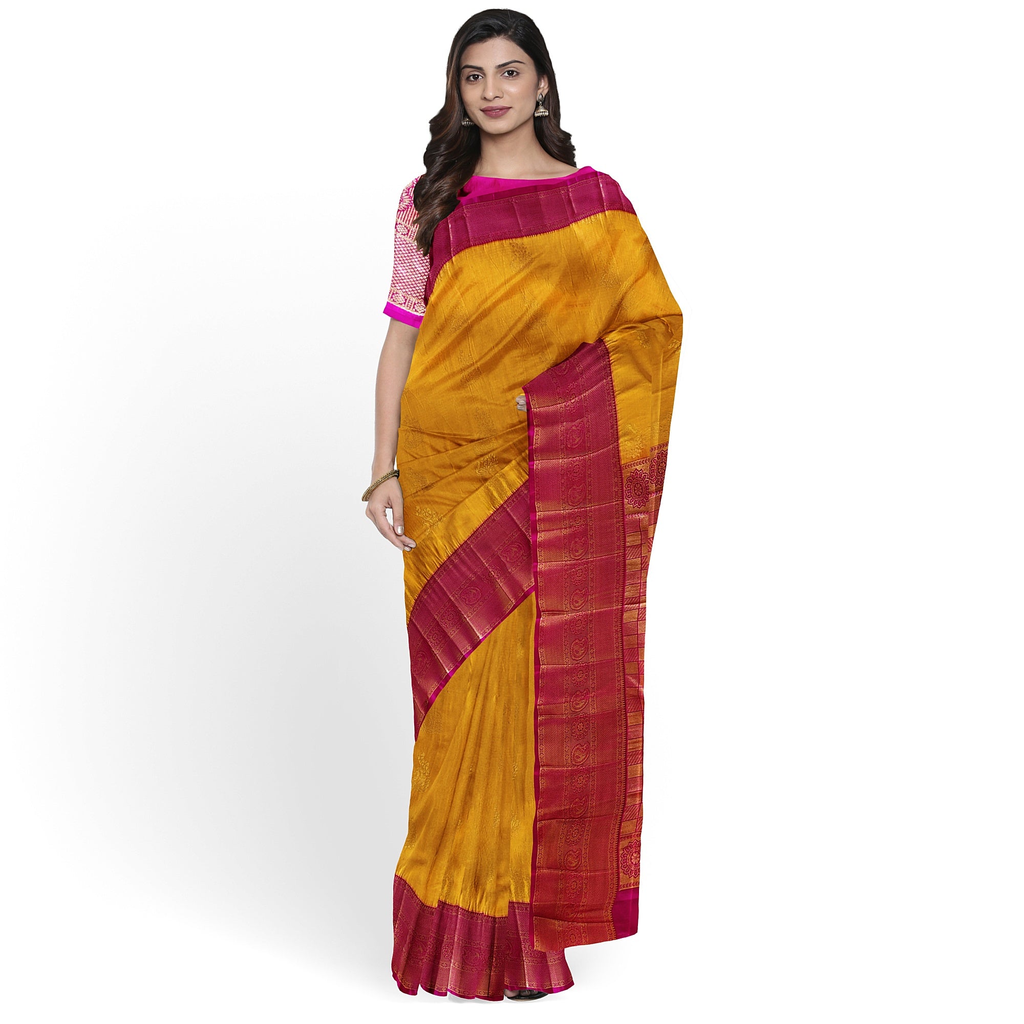 Yellow Saree with Zari Lines and Pink Border – Traditional Elegance with a Modern Twist - New Sudarshan Silks`