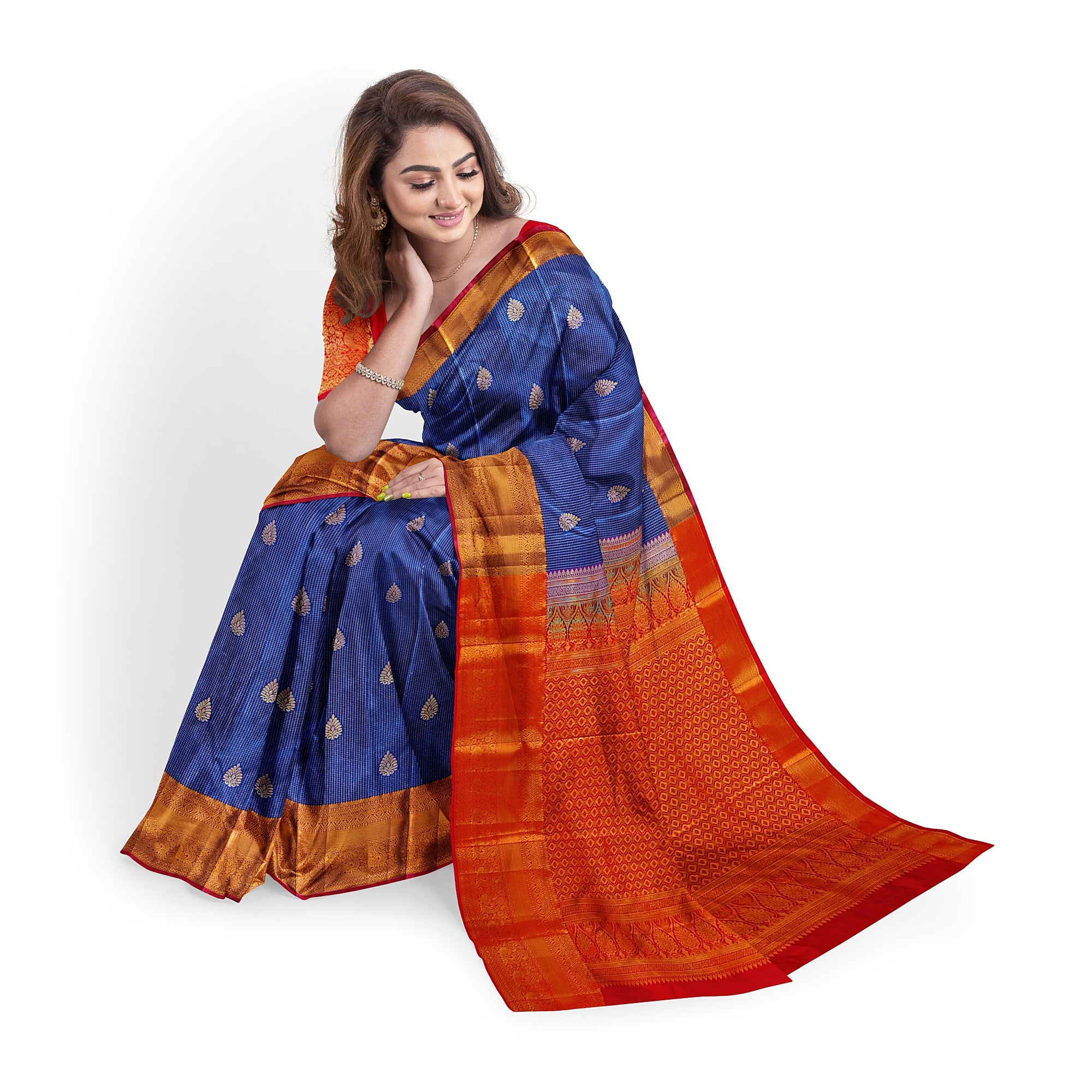 Navy Blue Checks Design Saree with Red Border – A Perfect Blend of Tradition and Style - New Sudarshan Silks`