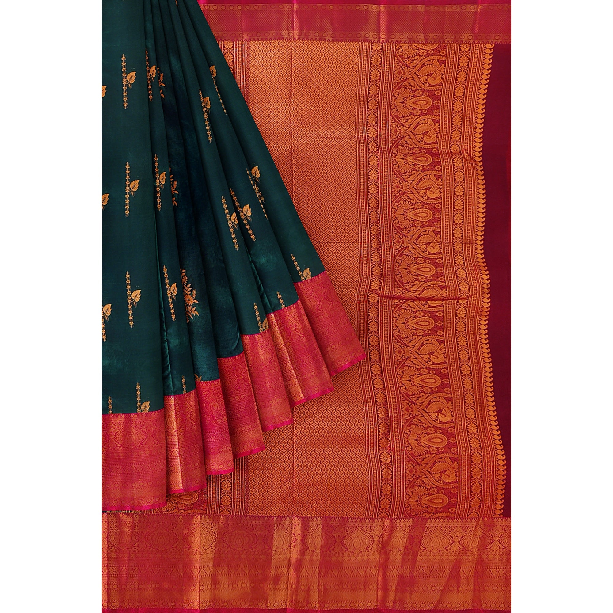 Bottle Green Saree with Red Border and Gold Zari - New Sudarshan Silks`