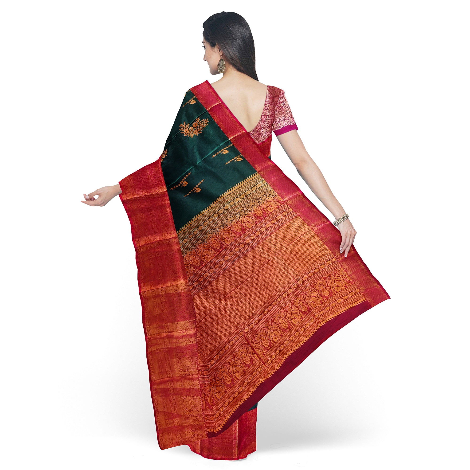 Bottle Green Saree with Red Border and Gold Zari - New Sudarshan Silks`