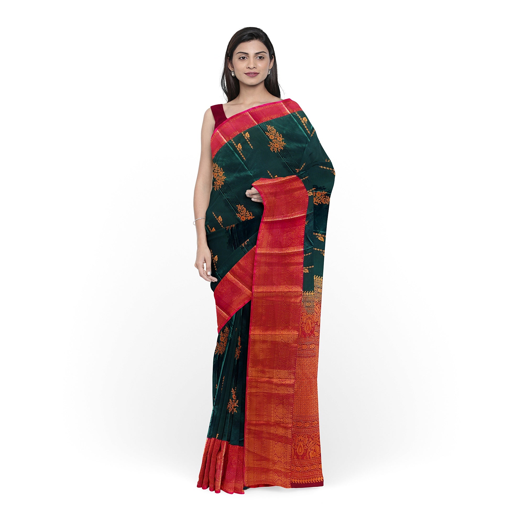 Bottle Green Saree with Red Border and Gold Zari - New Sudarshan Silks`