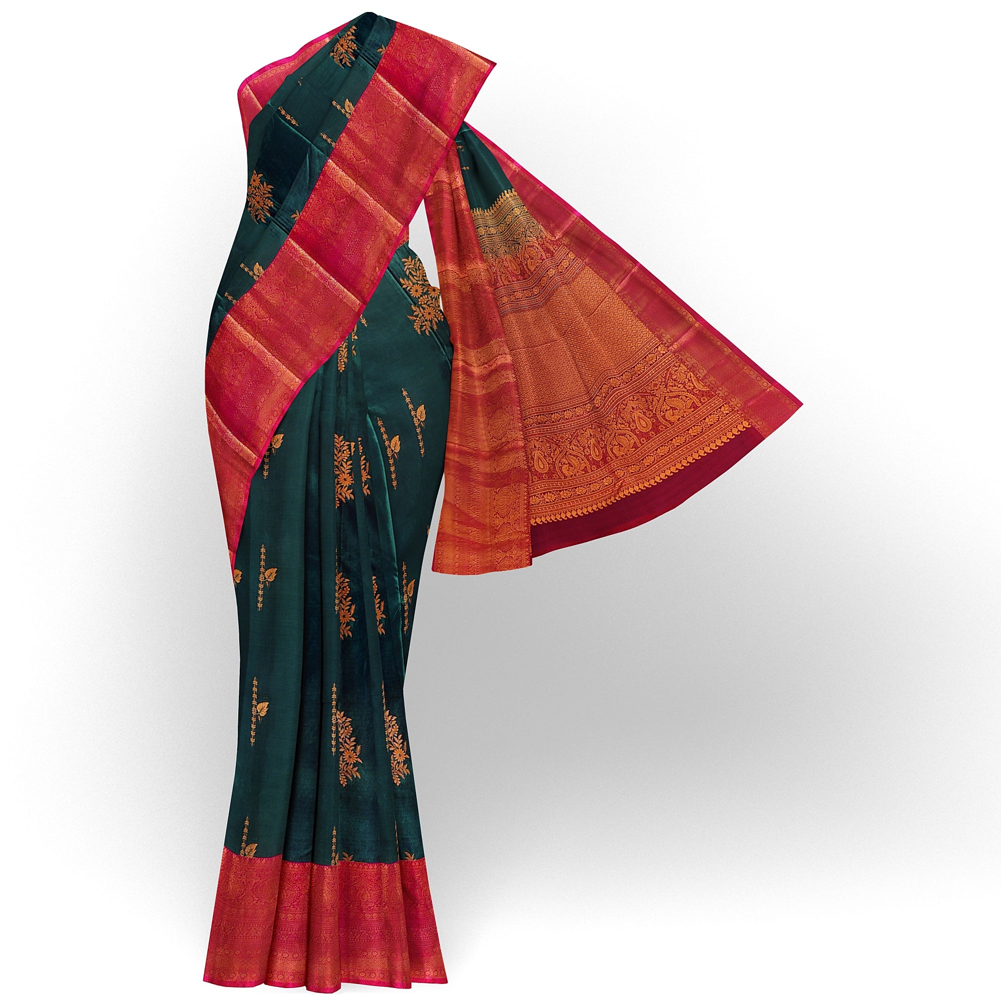 Bottle Green Saree with Red Border and Gold Zari - New Sudarshan Silks`