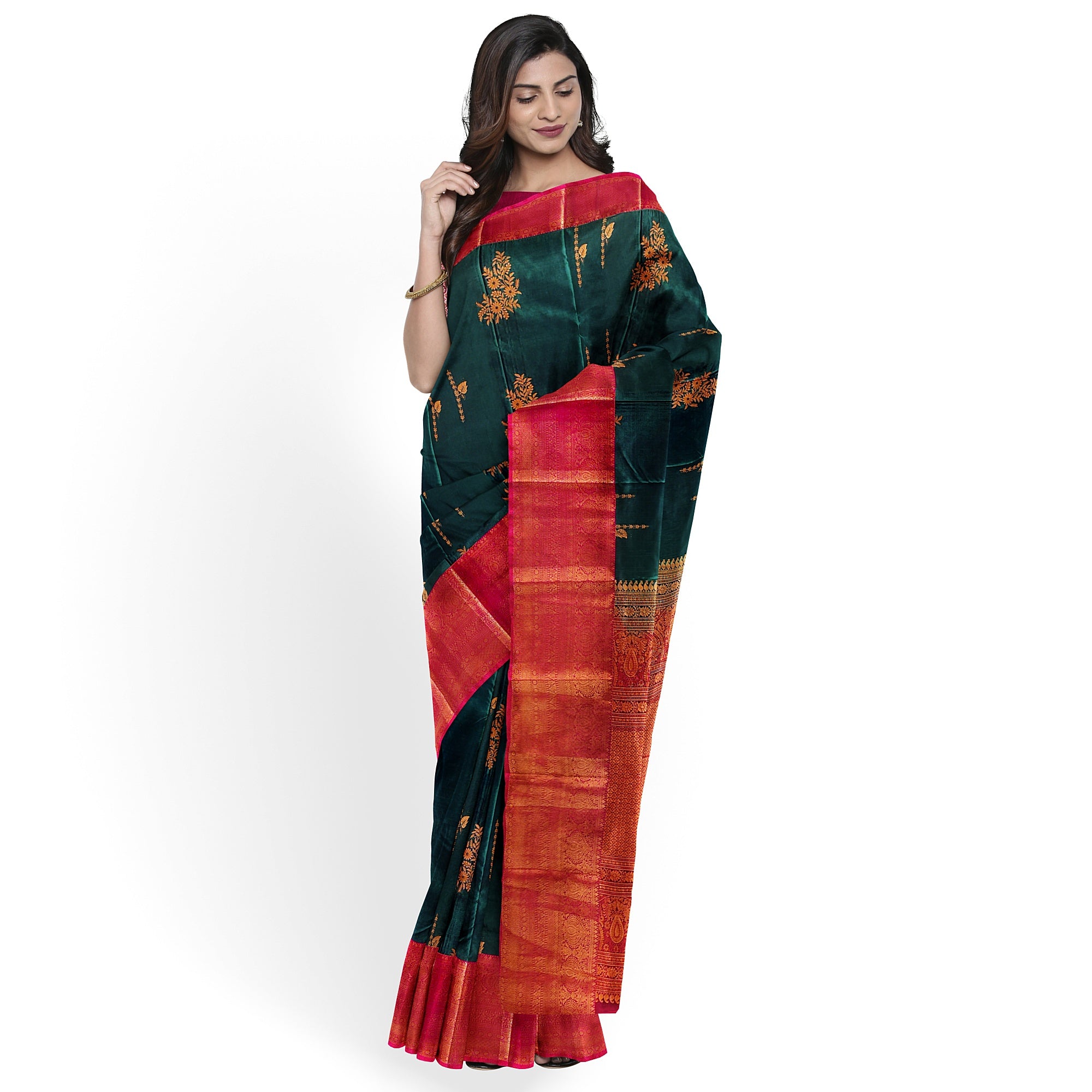Bottle Green Saree with Red Border and Gold Zari - New Sudarshan Silks`