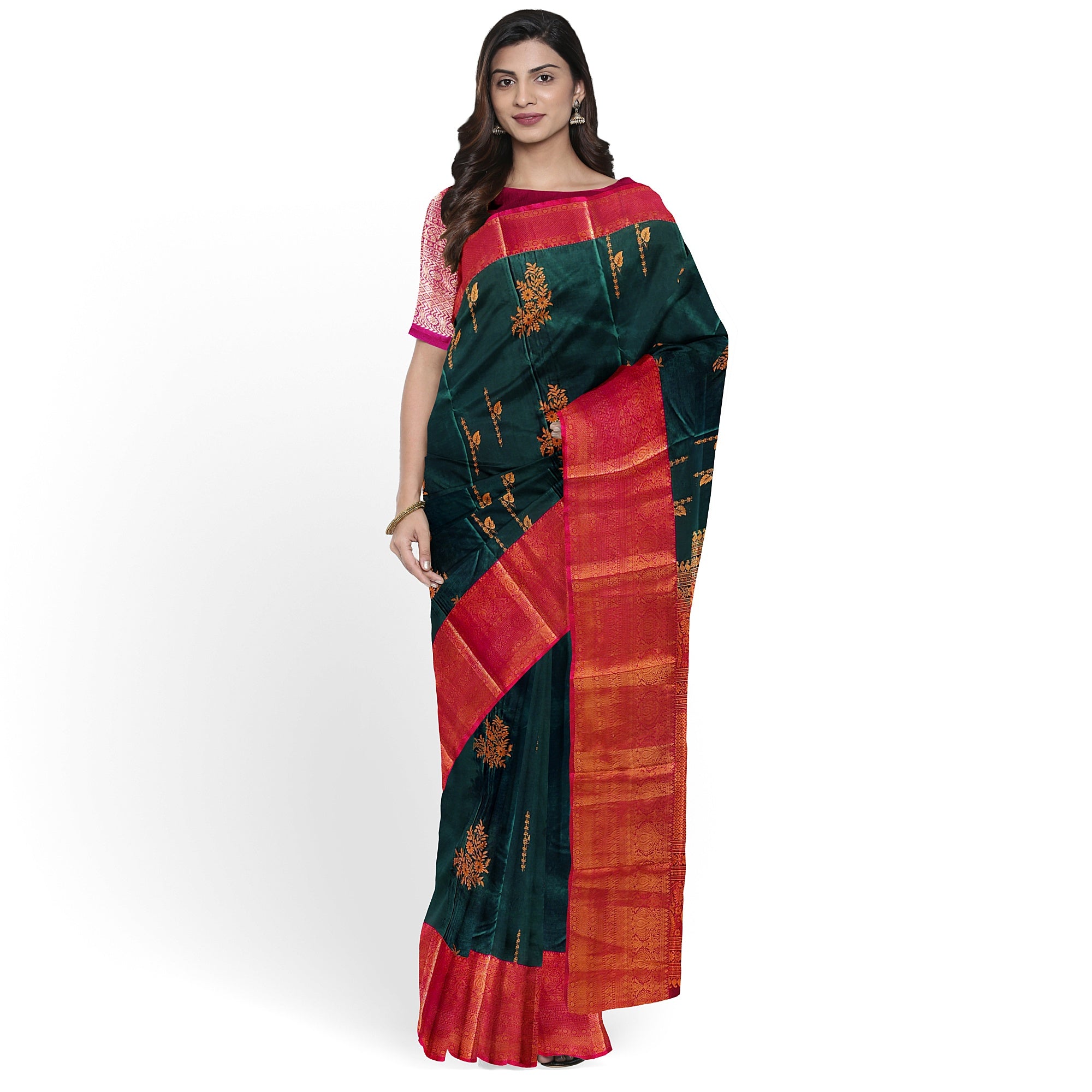 Bottle Green Saree with Red Border and Gold Zari - New Sudarshan Silks`