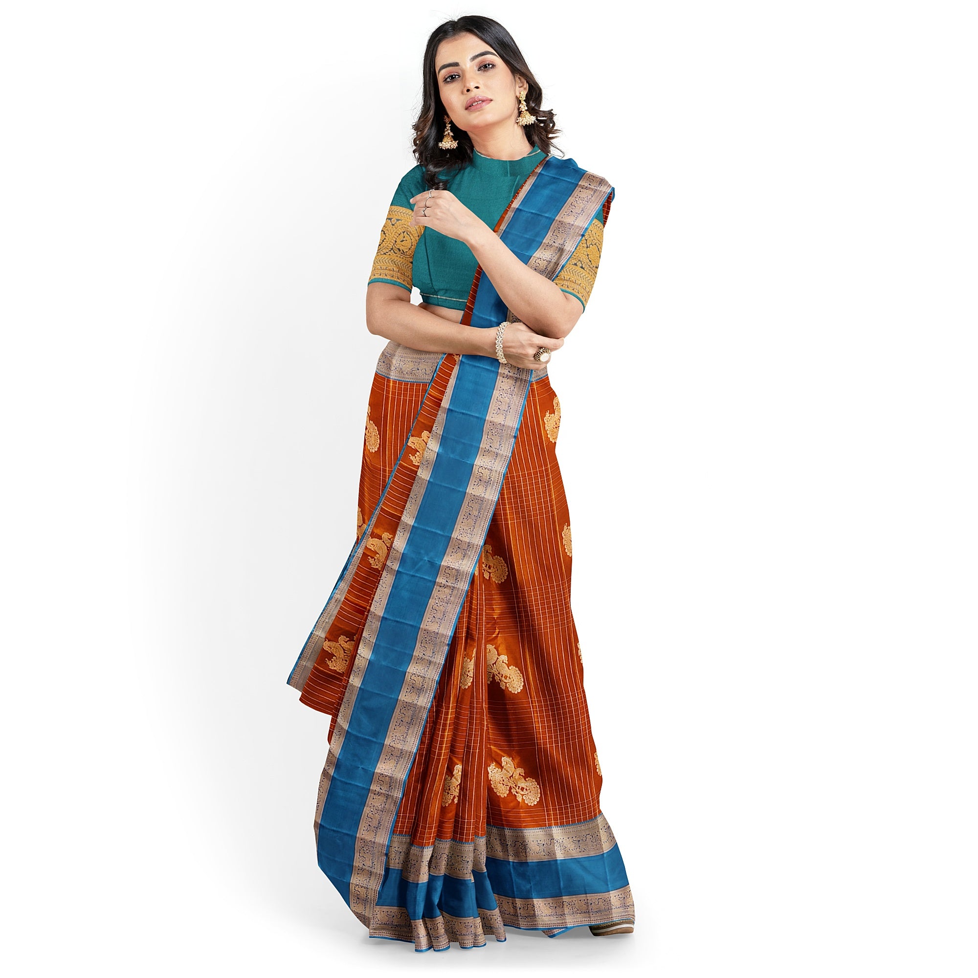 Brick Brown Semi Kanchi Saree with Rama Blue Bentex Border – A Fusion of Tradition and Sophistication - New Sudarshan Silks`