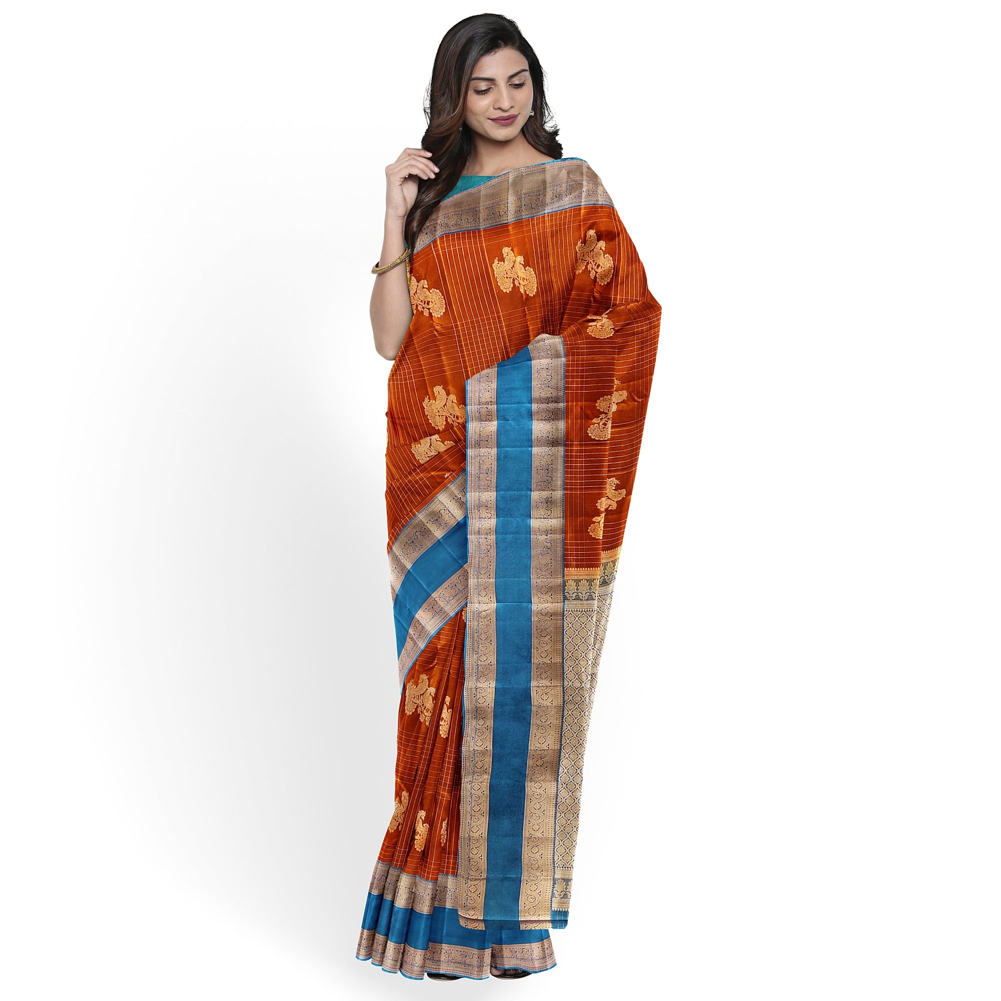 Brick Brown Semi Kanchi Saree with Rama Blue Bentex Border – A Fusion of Tradition and Sophistication - New Sudarshan Silks`
