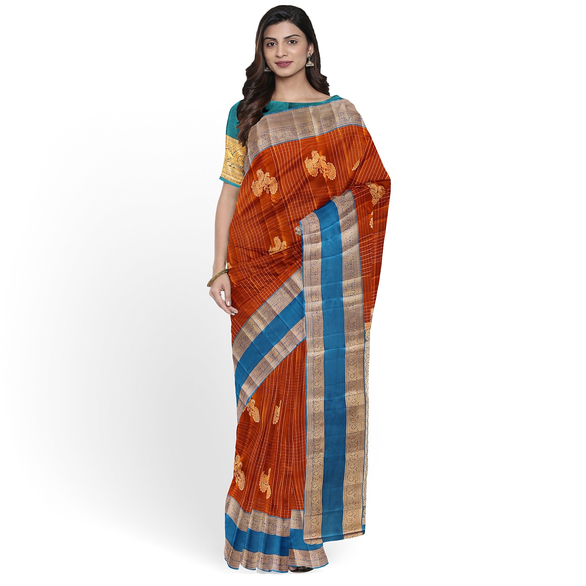 Brick Brown Semi Kanchi Saree with Rama Blue Bentex Border – A Fusion of Tradition and Sophistication - New Sudarshan Silks`