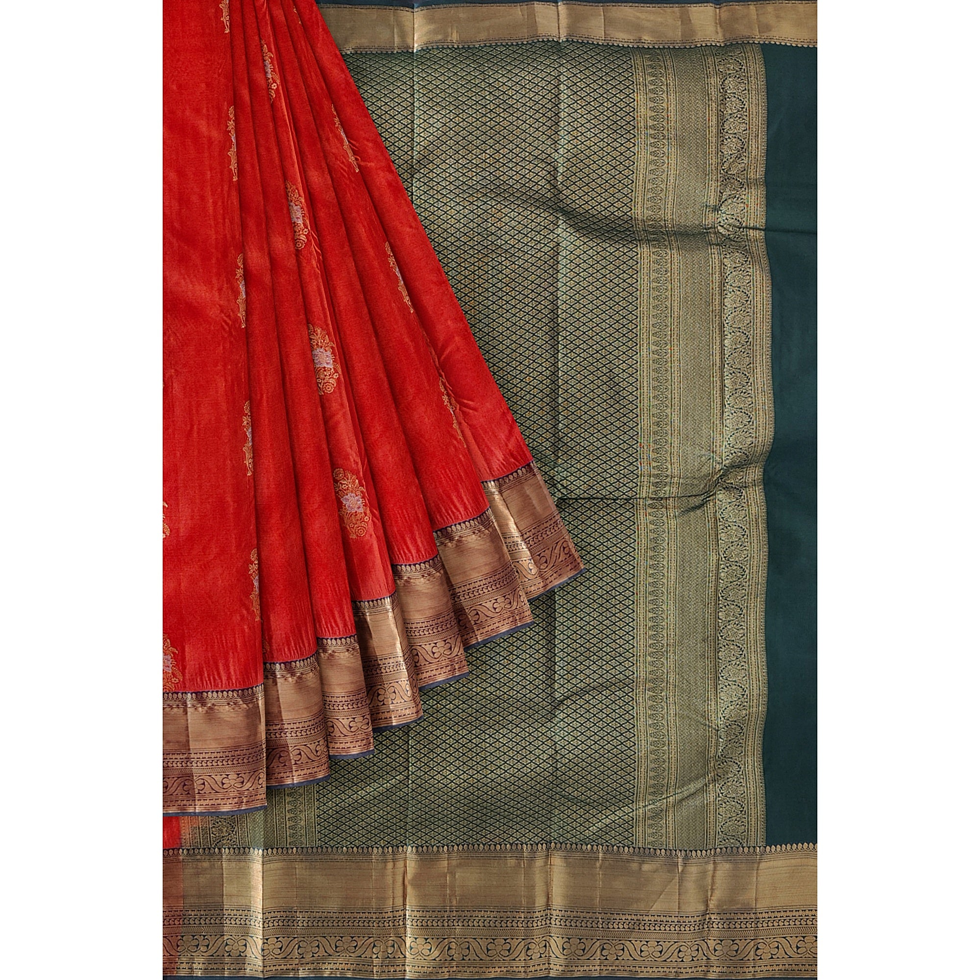 Orange Semi Kanchi Silk Saree with Green Border – A Classic Traditional Delight - New Sudarshan Silks`