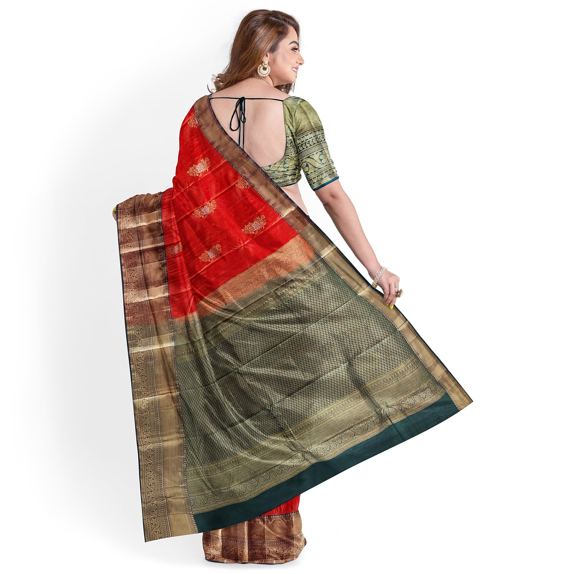 Orange Semi Kanchi Silk Saree with Green Border – A Classic Traditional Delight - New Sudarshan Silks`