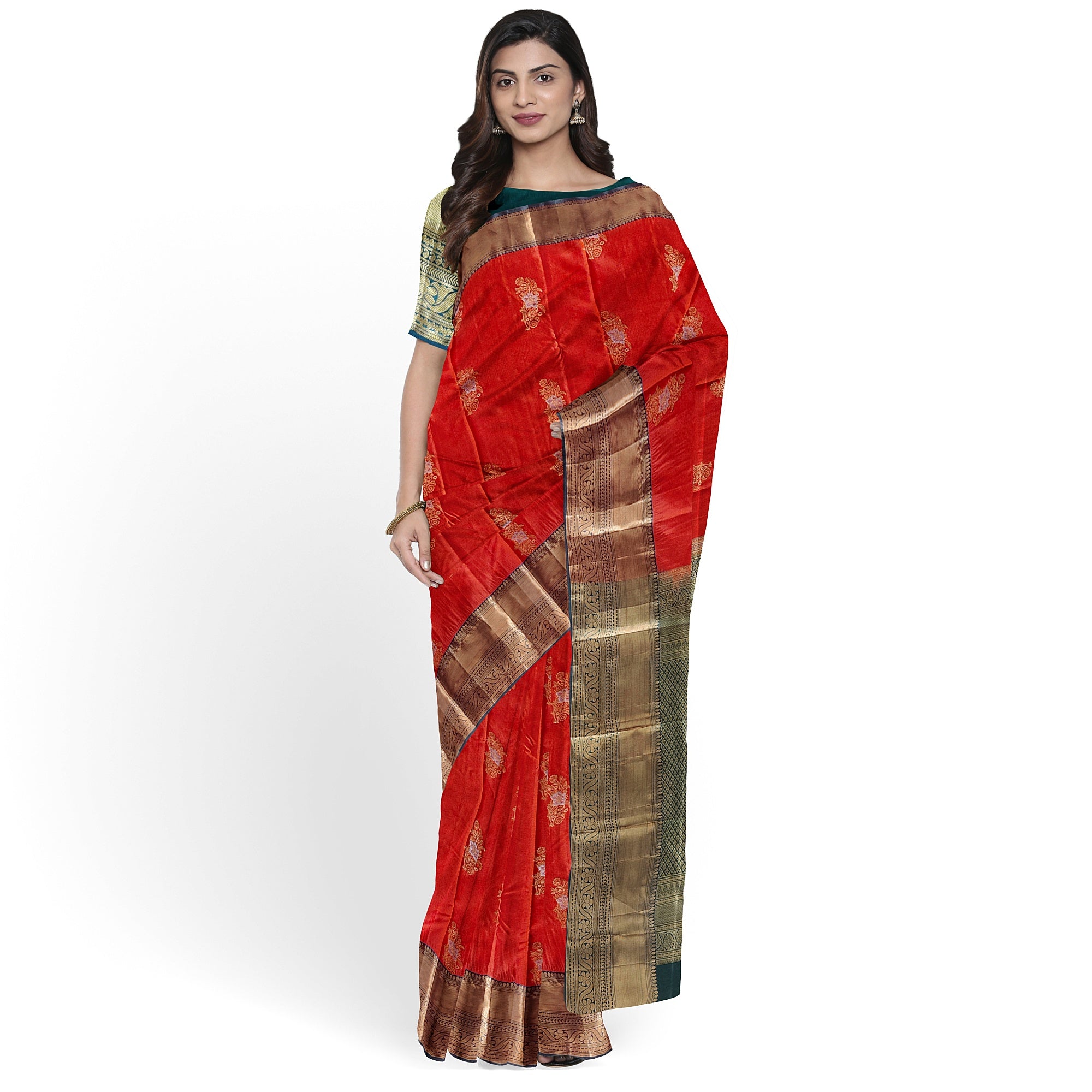 Orange Semi Kanchi Silk Saree with Green Border – A Classic Traditional Delight - New Sudarshan Silks`