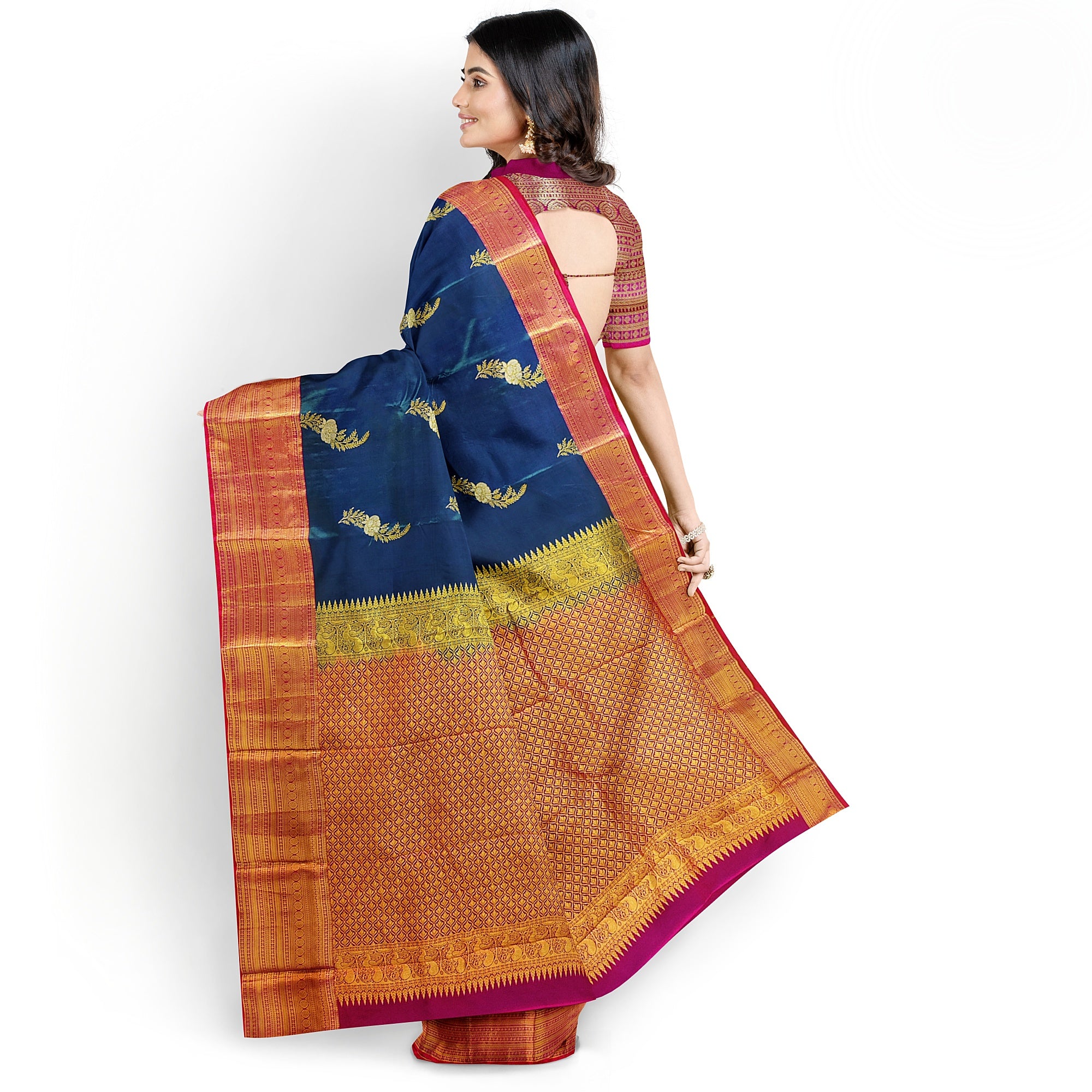 Peacock Blue Saree with Red Border – Traditional Elegance in a Grand Silken Drape - New Sudarshan Silks`