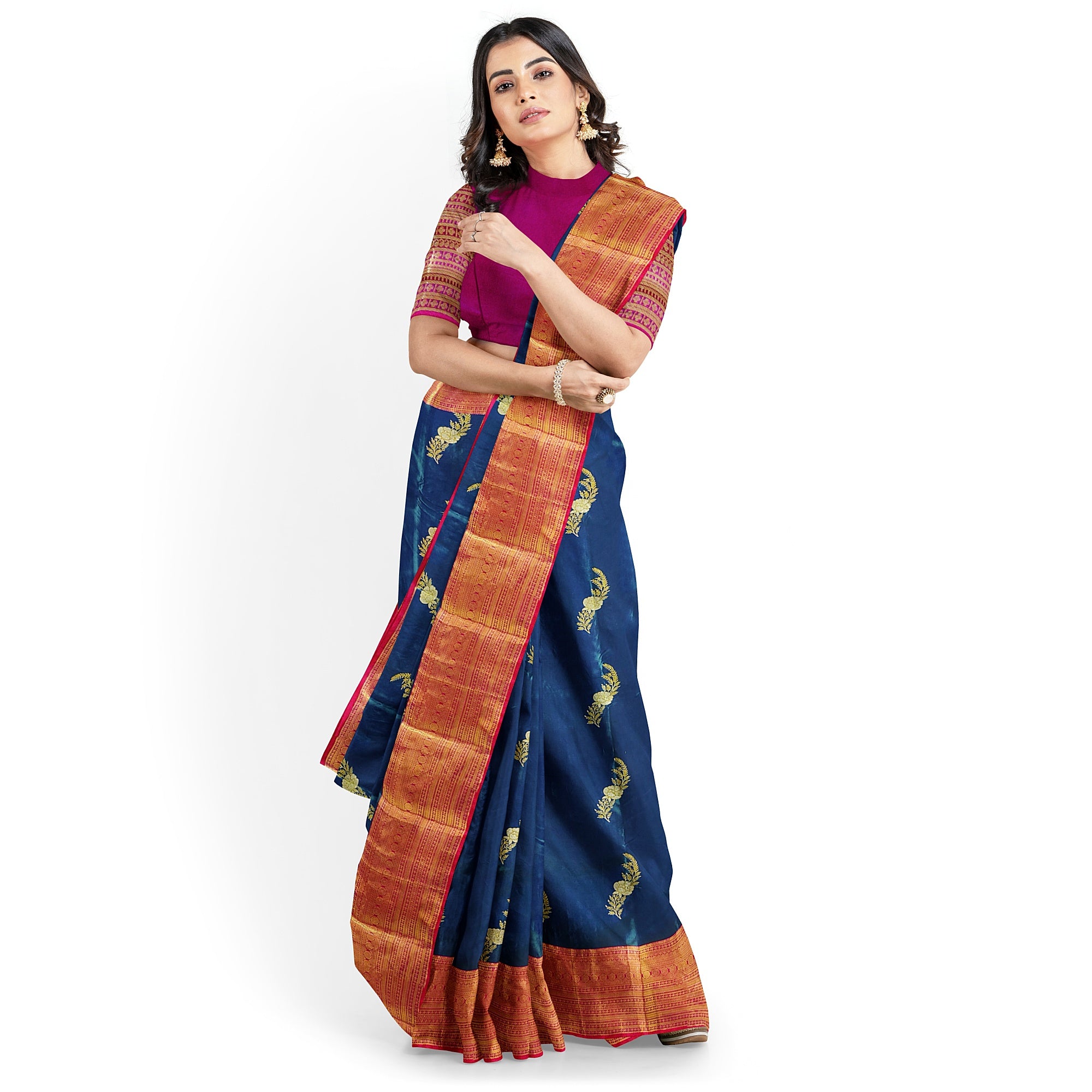 Peacock Blue Saree with Red Border – Traditional Elegance in a Grand Silken Drape - New Sudarshan Silks`