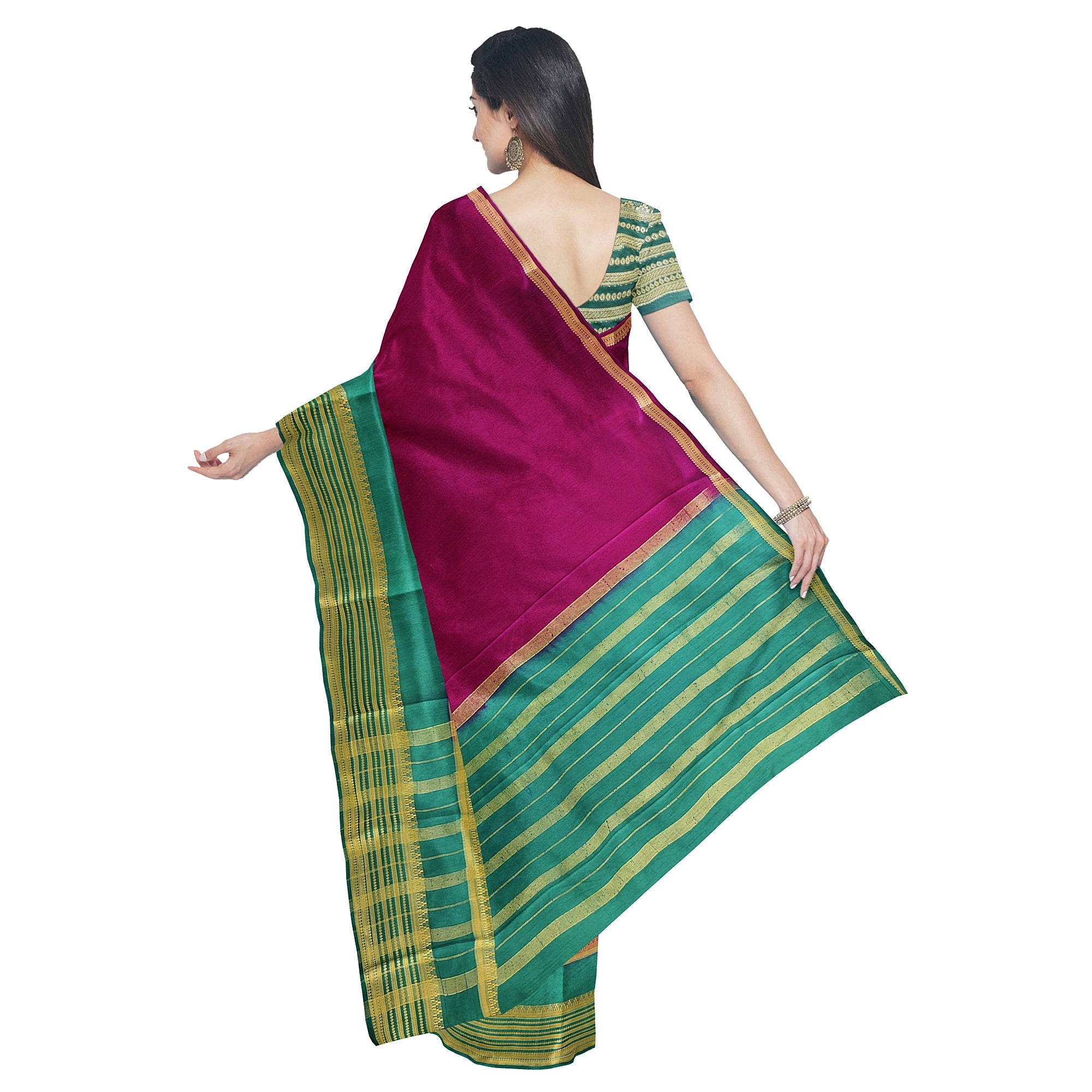 Maroon Saree – Green Border with Gold Zari – Shop Online