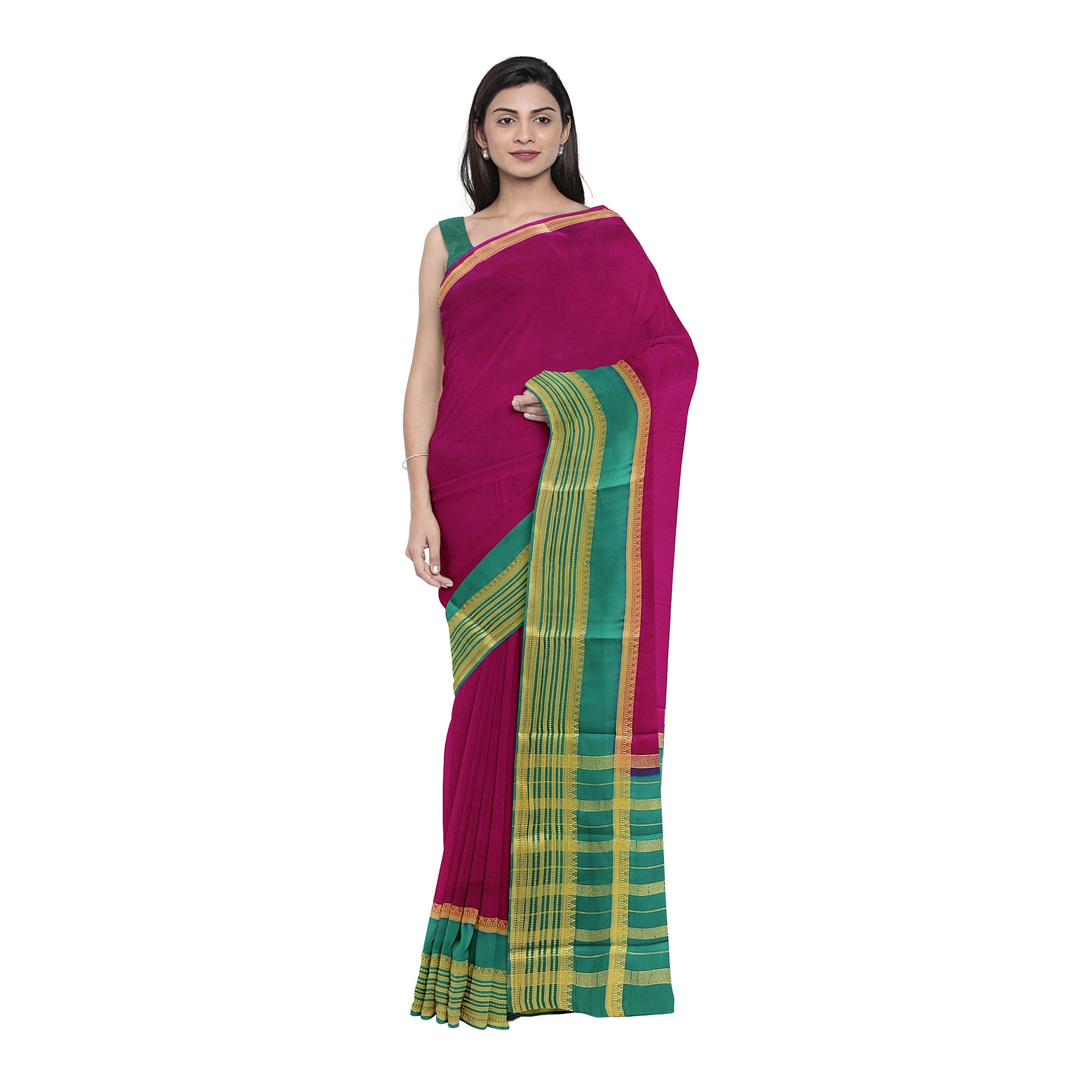 Maroon Saree – Green Border with Gold Zari – Shop Online