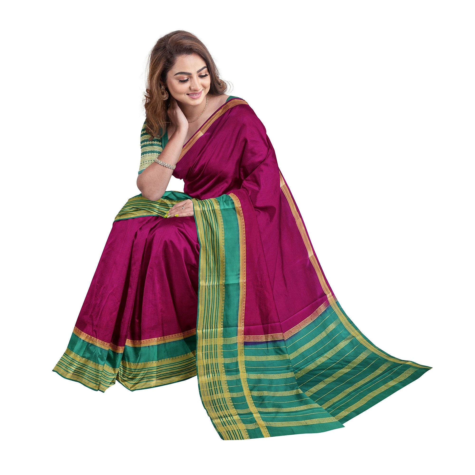 Maroon Saree – Green Border with Gold Zari – Shop Online