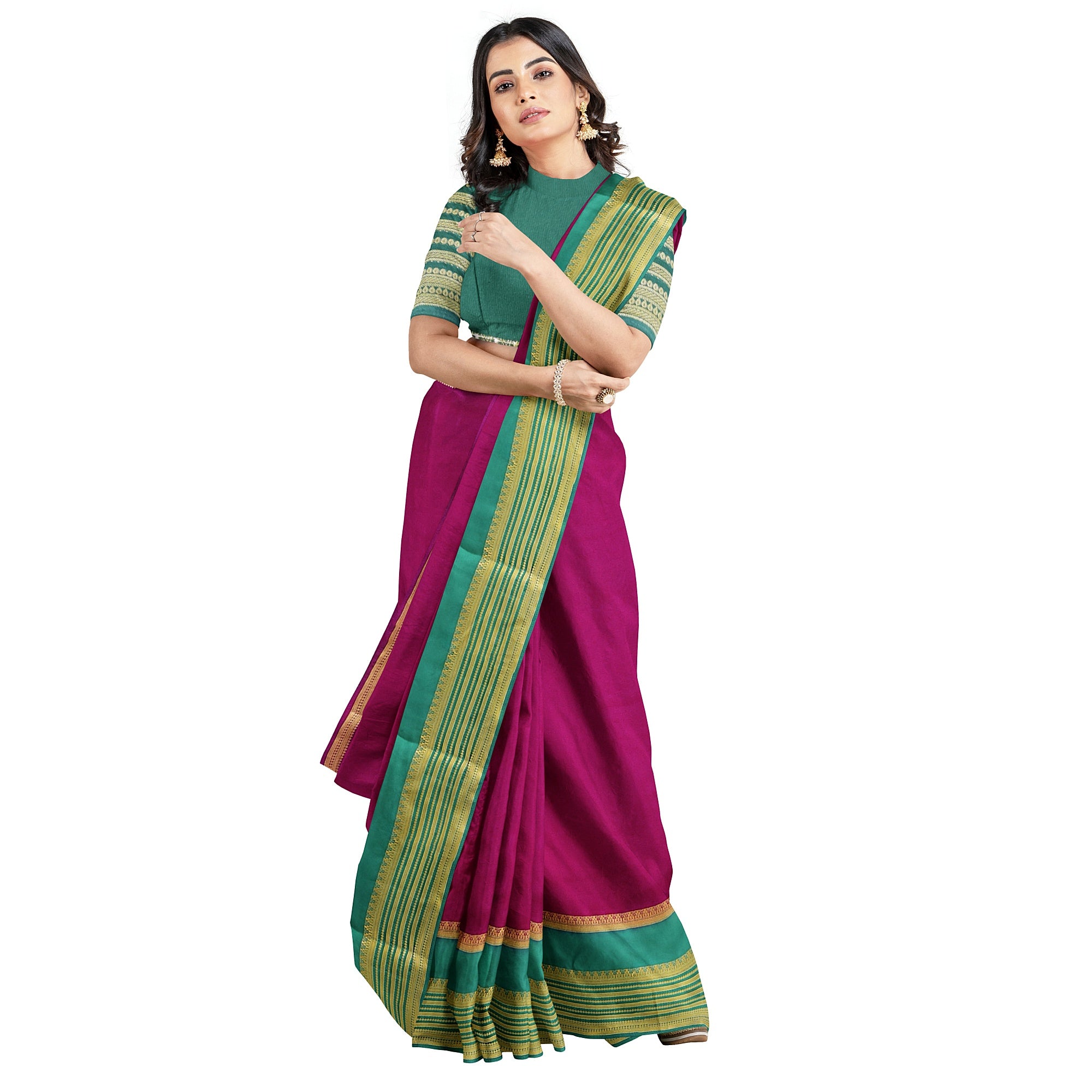 Maroon Saree – Green Border with Gold Zari – Shop Online