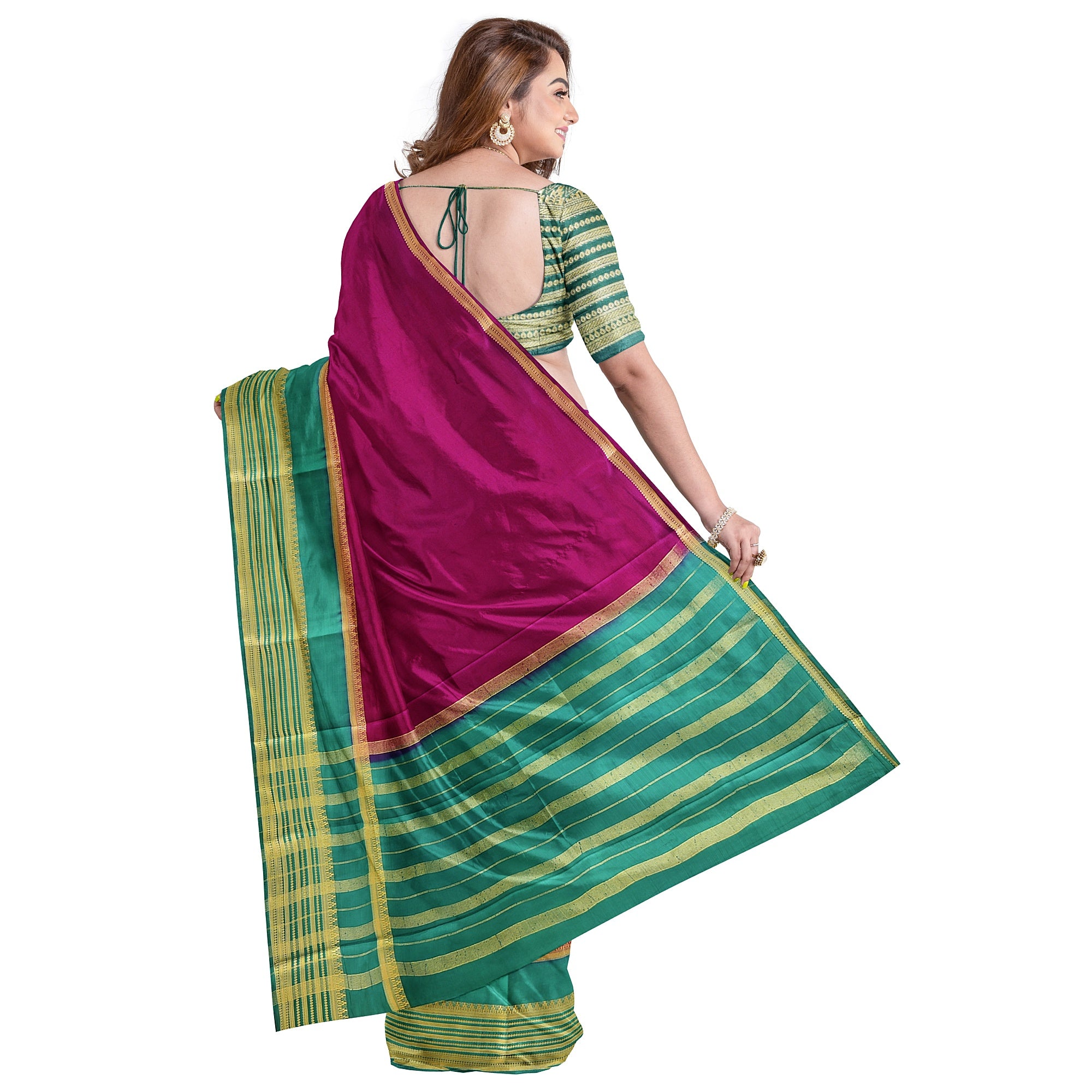 Maroon Saree – Green Border with Gold Zari – Shop Online