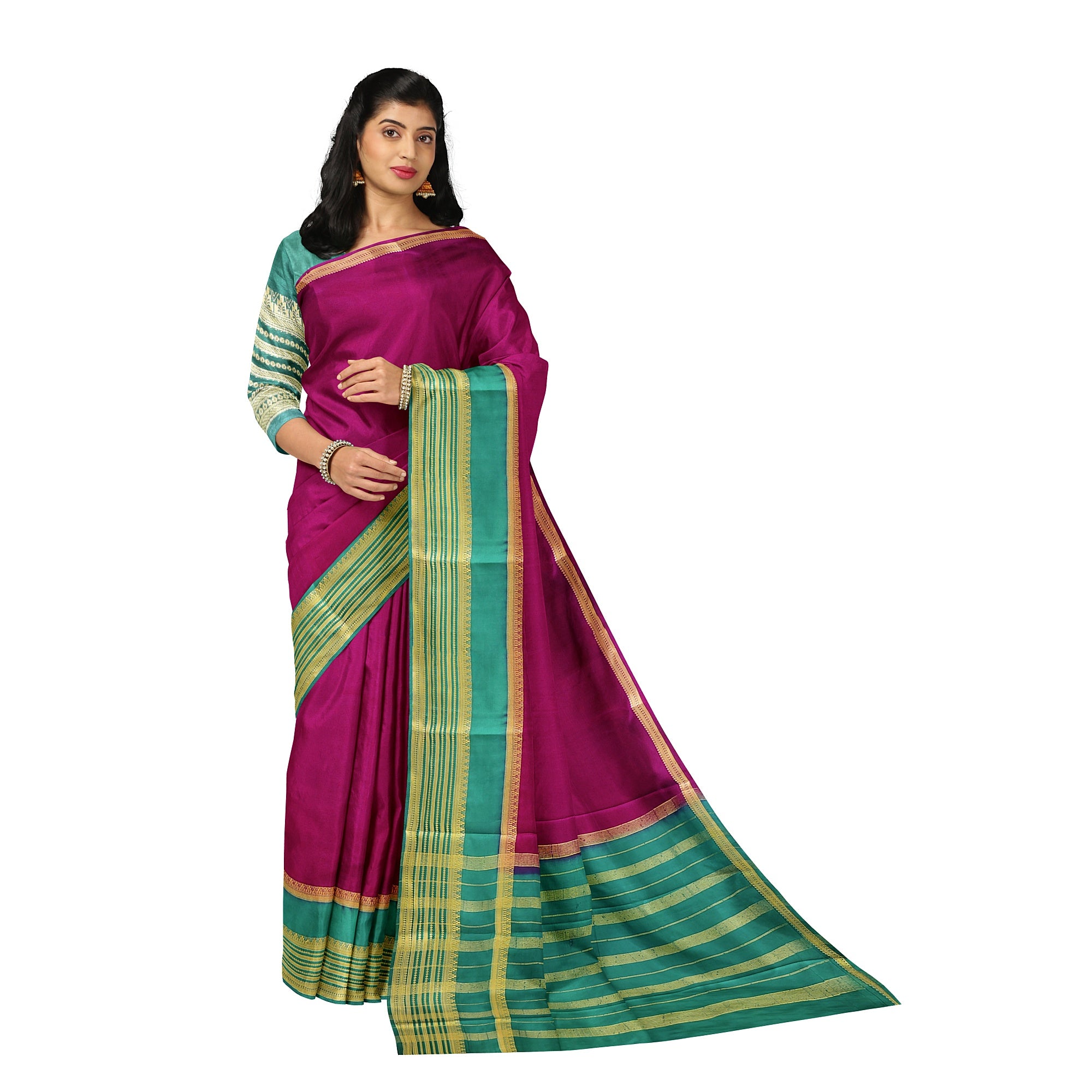 Maroon Saree – Green Border with Gold Zari – Shop Online