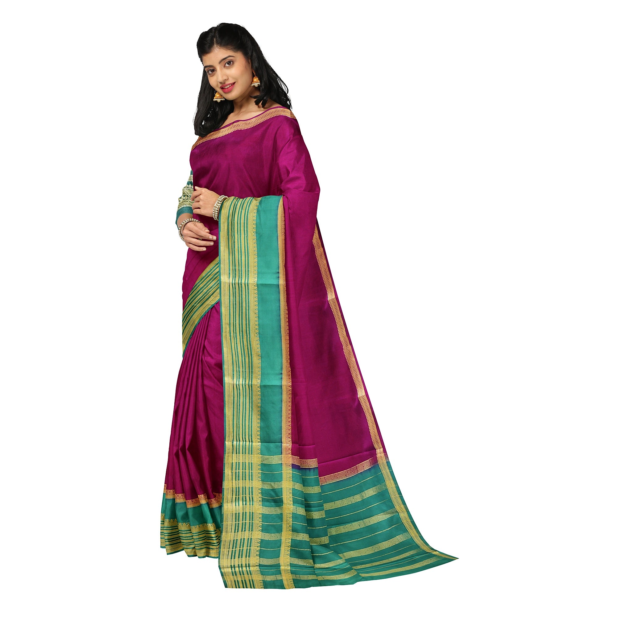 Maroon Saree – Green Border with Gold Zari – Shop Online