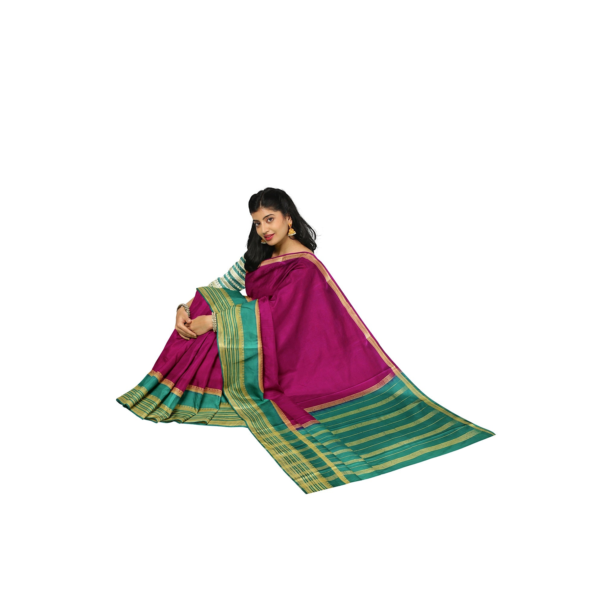 Maroon Saree – Green Border with Gold Zari – Shop Online