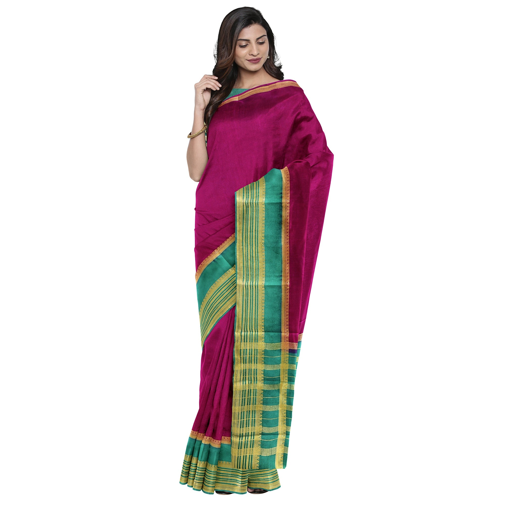 Maroon Saree – Green Border with Gold Zari – Shop Online